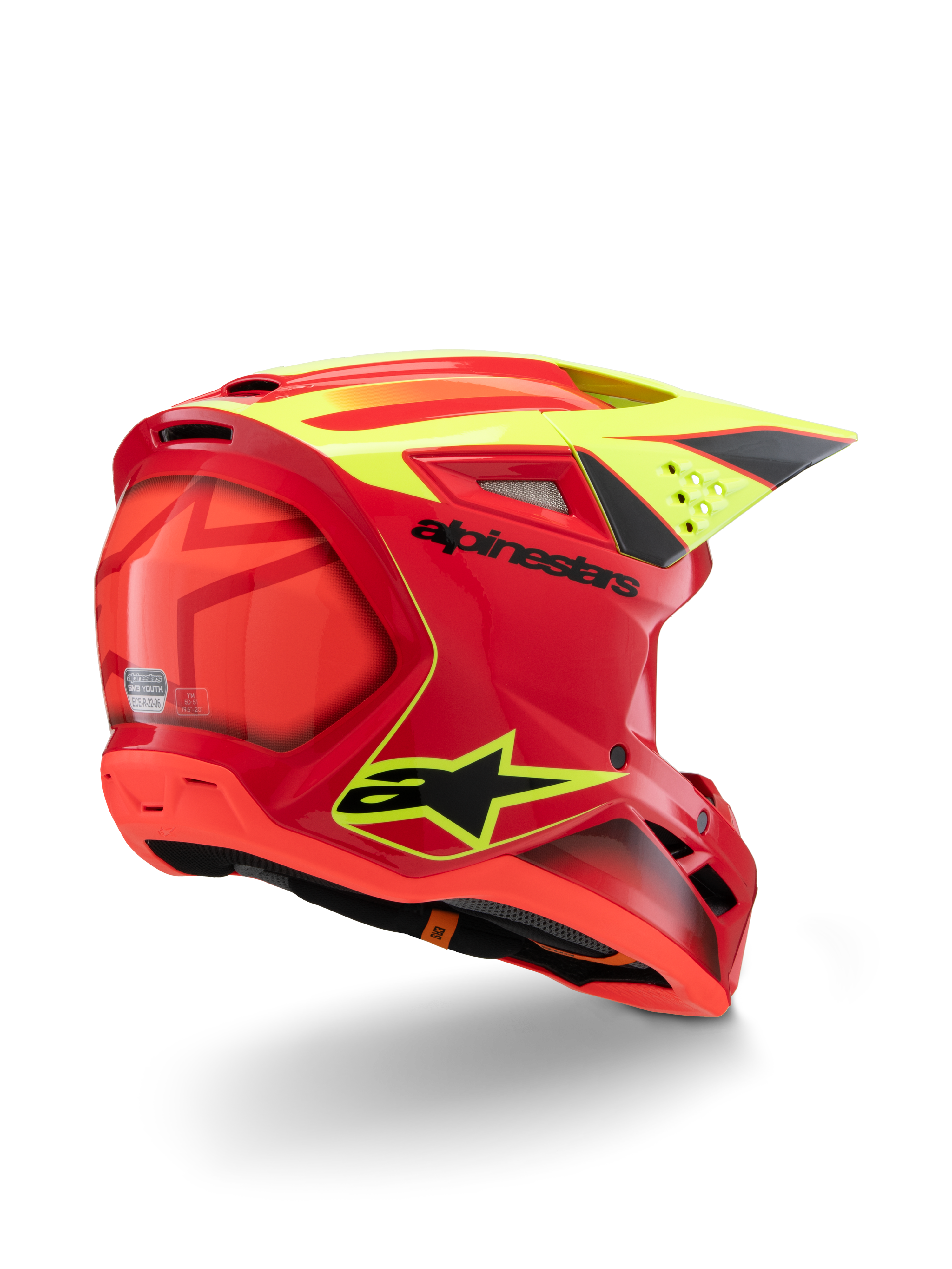 Alpinestars S-M3 Jugend-Fray Helm, Rot und Gelb Fluo Glänzend, Dreiviertel-Rückansicht, mit markanten schwarzen Logos und aerodynamischen Belüftungsöffnungen, gut sichtbarer Jugend-Motocross-Helm