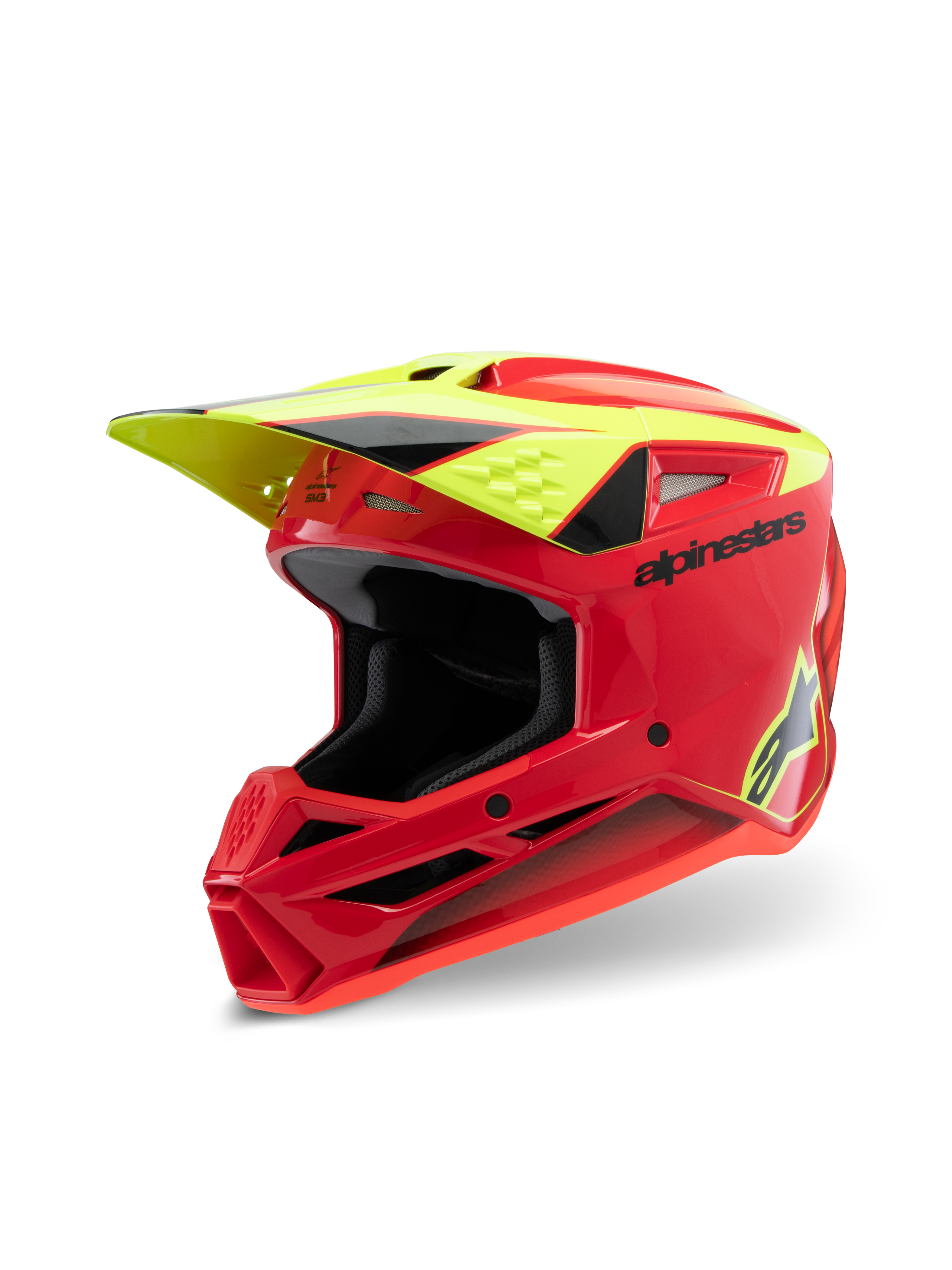 Alpinestars S-M3 Youth Fray Helm, Motocross-Helm, Rot, Fluo-Gelb und Schwarz Glänzend, mit aggressivem aerodynamischem Design, Schutzvisier und mehreren Belüftungsöffnungen für Offroad-Performance.