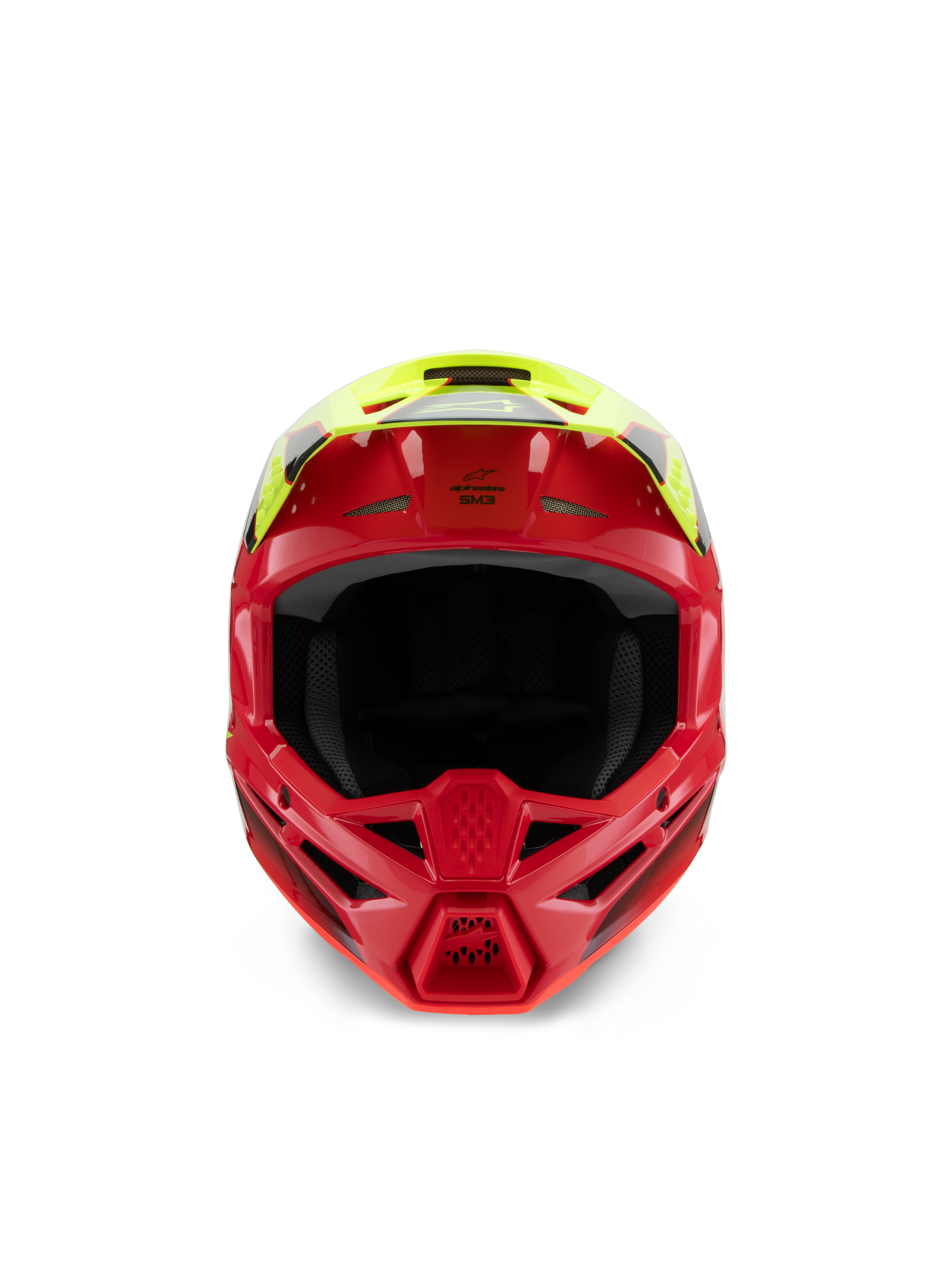 Alpinestars S-M3 Youth Fray Helm, Motocross-Helm, Rot und Gelb Fluo Glänzend, Vorderansicht zur Hervorhebung der Belüftungsöffnungen und des aggressiven Kinnschutzes, spezialisierter Offroad-Kopfschutz für junge Fahrer