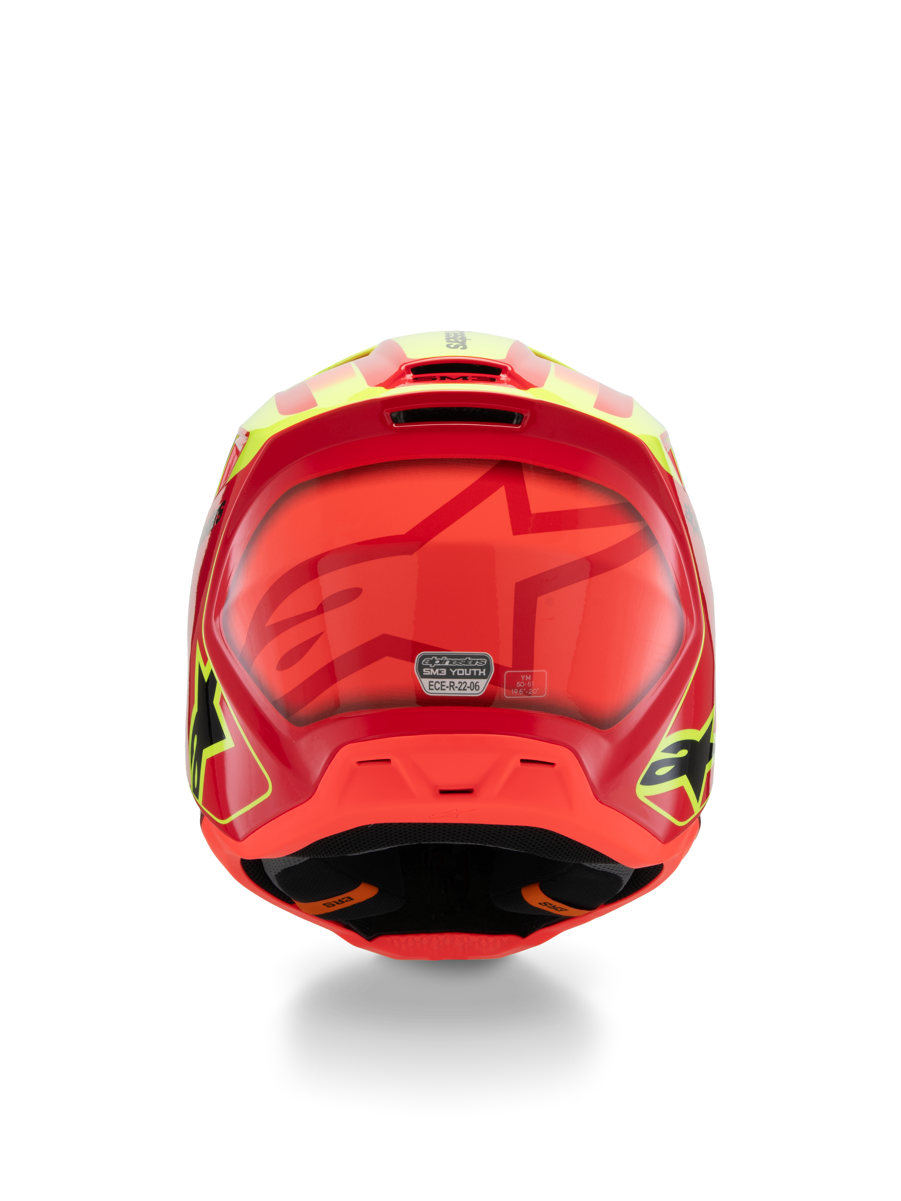 Alpinestars S-M3 Youth Fray Helm, Motocross-Helm, Rot, Gelb Fluo und Schwarz glänzend, Rückansicht mit großem Ton-in-Ton Stern-Logo, ECE 22.06 Zertifizierungsaufkleber und aerodynamischem Schalendesign mit seitlichen Logos.