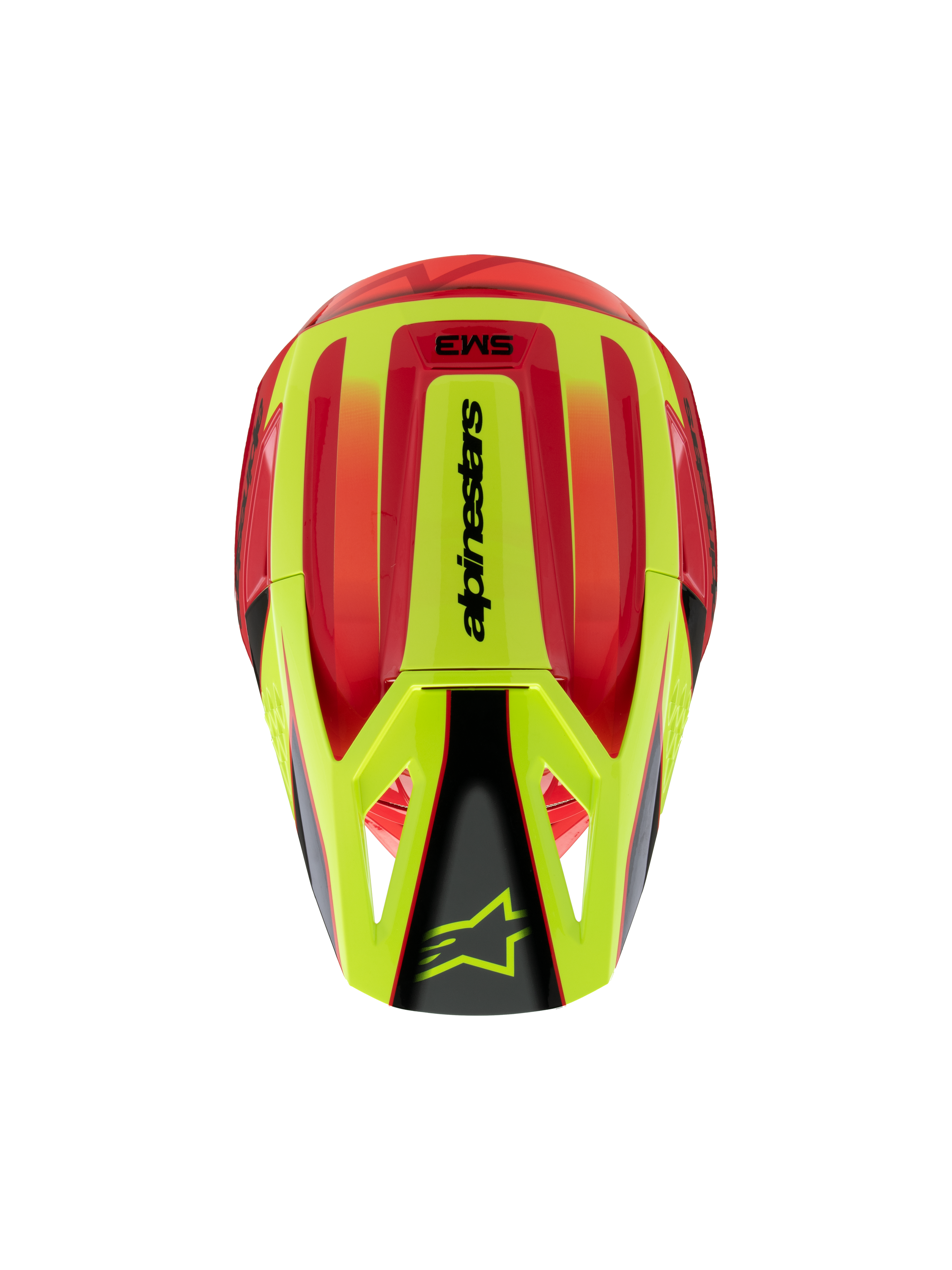 Alpinestars S-M3 Youth Fray Helm, Motocross-Helm, Rot und Neongelb mit schwarzem Glossy-Finish, Draufsicht mit aerodynamischer Schale und Alpinestars-Logo auf dem Visier