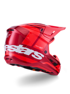 Alpinestars S-M7 Core Helm, Motocross-Helm, Rot Glänzend mit großem weißem Alpinestars-Logo an der Seite, aerodynamische Schale, integrierte Belüftungsöffnungen und Schutzvisier, 3/4-Rückansicht