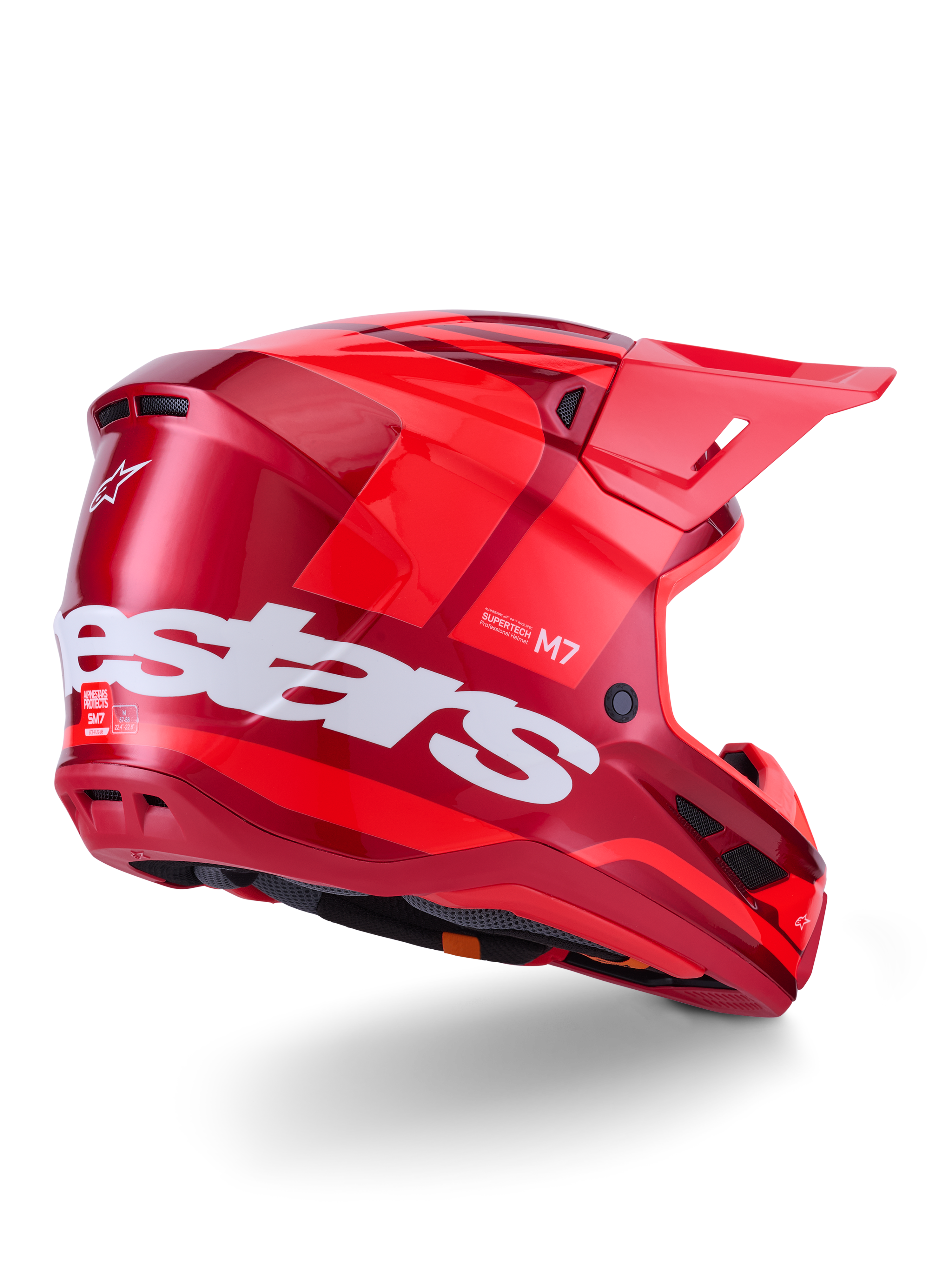 Alpinestars S-M7 Core Helm, Motocross-Helm, Rot Glänzend mit großem weißem Alpinestars-Logo an der Seite, aerodynamische Schale, integrierte Belüftungsöffnungen und Schutzvisier, 3/4-Rückansicht