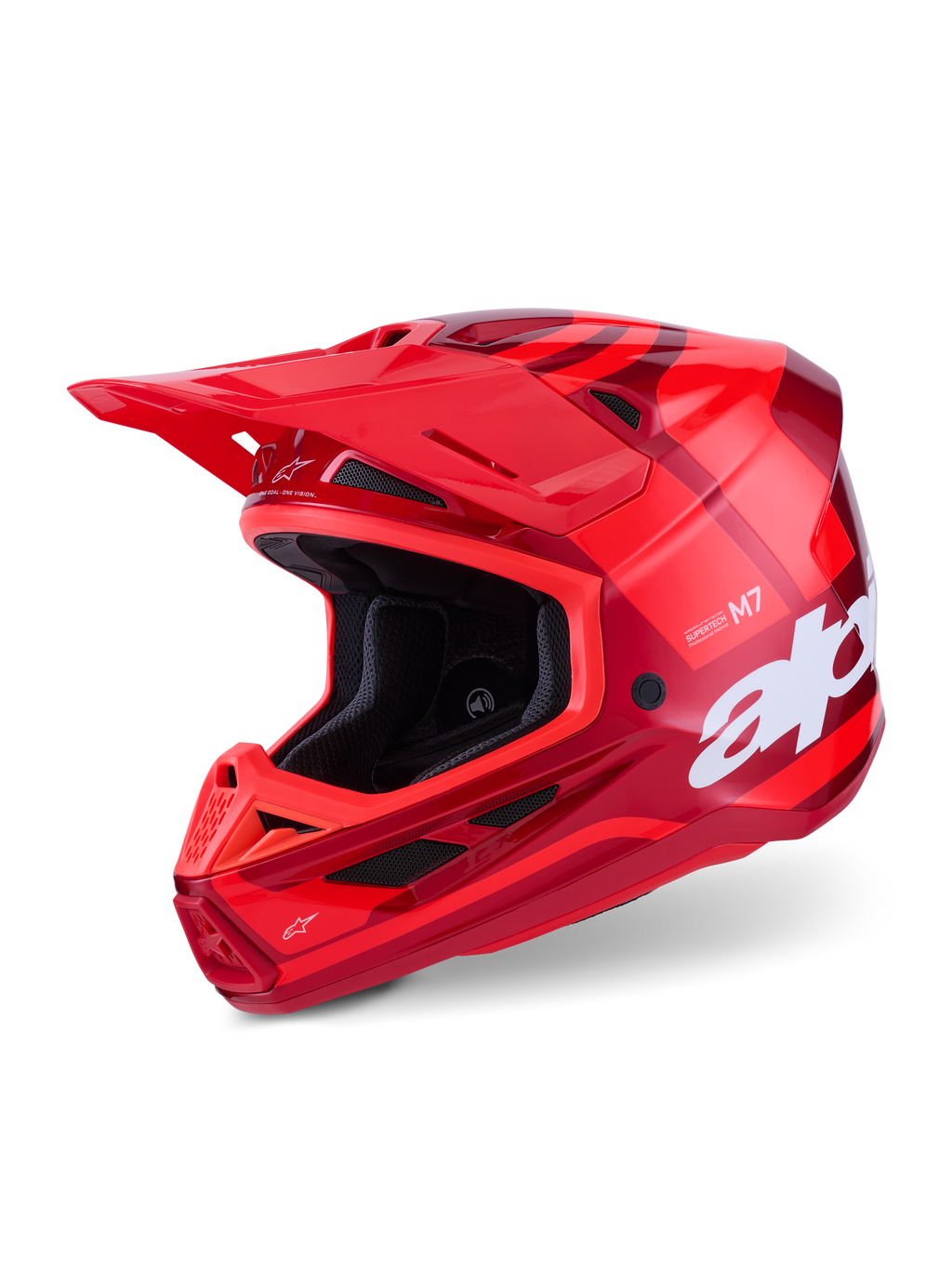 Alpinestars S-M7 Core Helm, Motocross-Helm, Rot Glänzend, mehrfarbige rote Grafiken mit großem weißem Branding, aerodynamische Verbundschale mit mehreren Belüftungsöffnungen und verstellbarem Visier, professionelle Offroad-Rennausrüstung