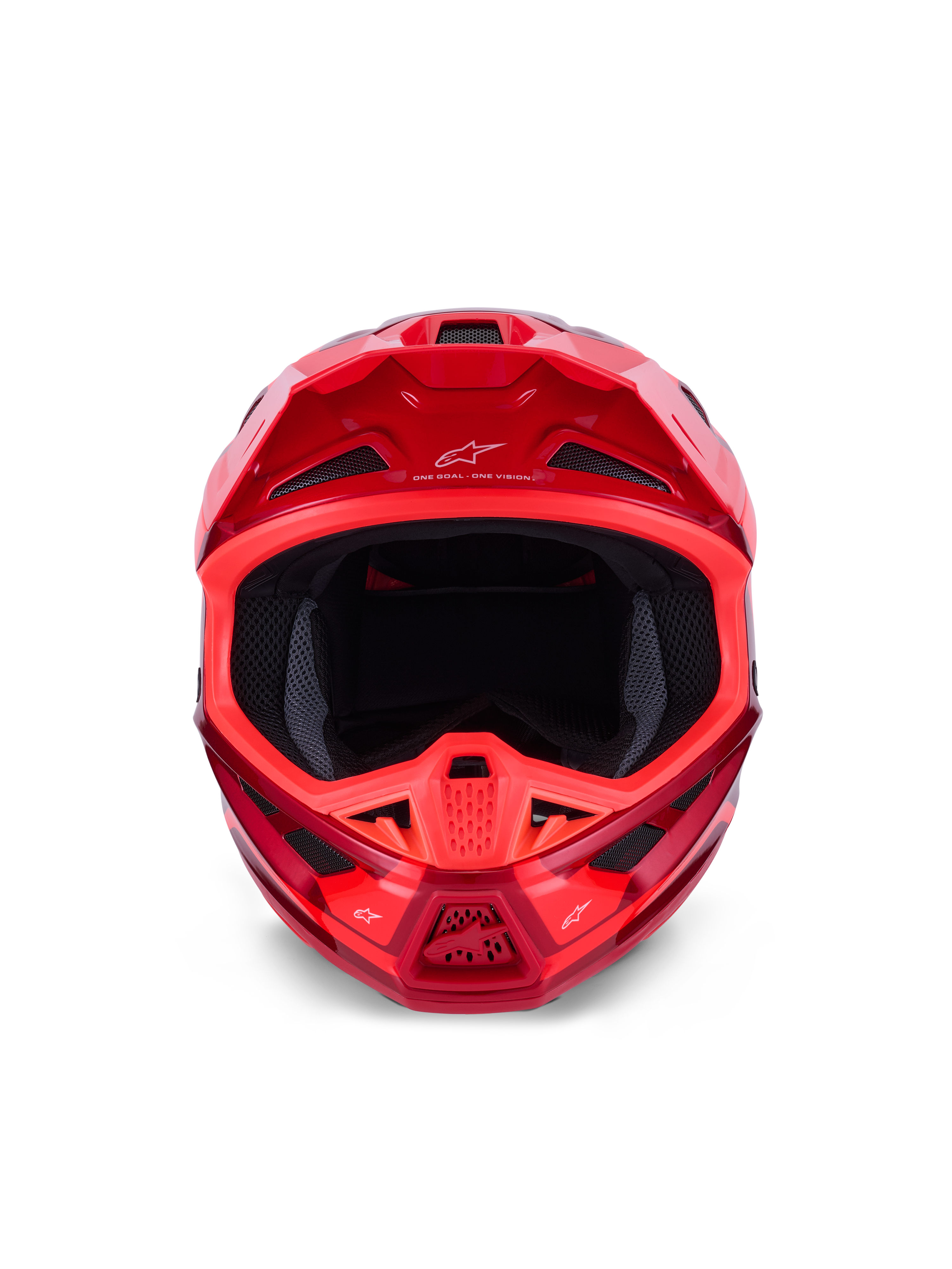 Alpinestars S-M7 Core Helm, Motocross-Helm, Rot glänzend, Frontansicht mit mehreren Lufteinlässen und aerodynamischem Design, Astars-Branding auf Visier und Kinnbügel, professionelle Offroad-Rennausrüstung