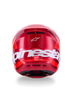 Alpinestars S-M7 Core Helm, Rot Glänzend, Rückansicht mit großem weißem Alpinestars-Branding, aerodynamische Schale mit integrierten Belüftungsöffnungen, professioneller Motocross-Kopfschutz
