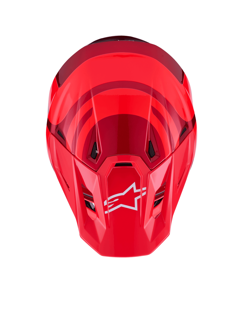 Alpinestars S-M7 Core Helm, Rot Glänzend, Draufsicht mit aerodynamischer Schale und dunkelroten Akzenten, weißes A-Star-Logo auf dem Visier, integrierte Belüftungsöffnungen, Hochleistungs-Motocross-Schutzausrüstung