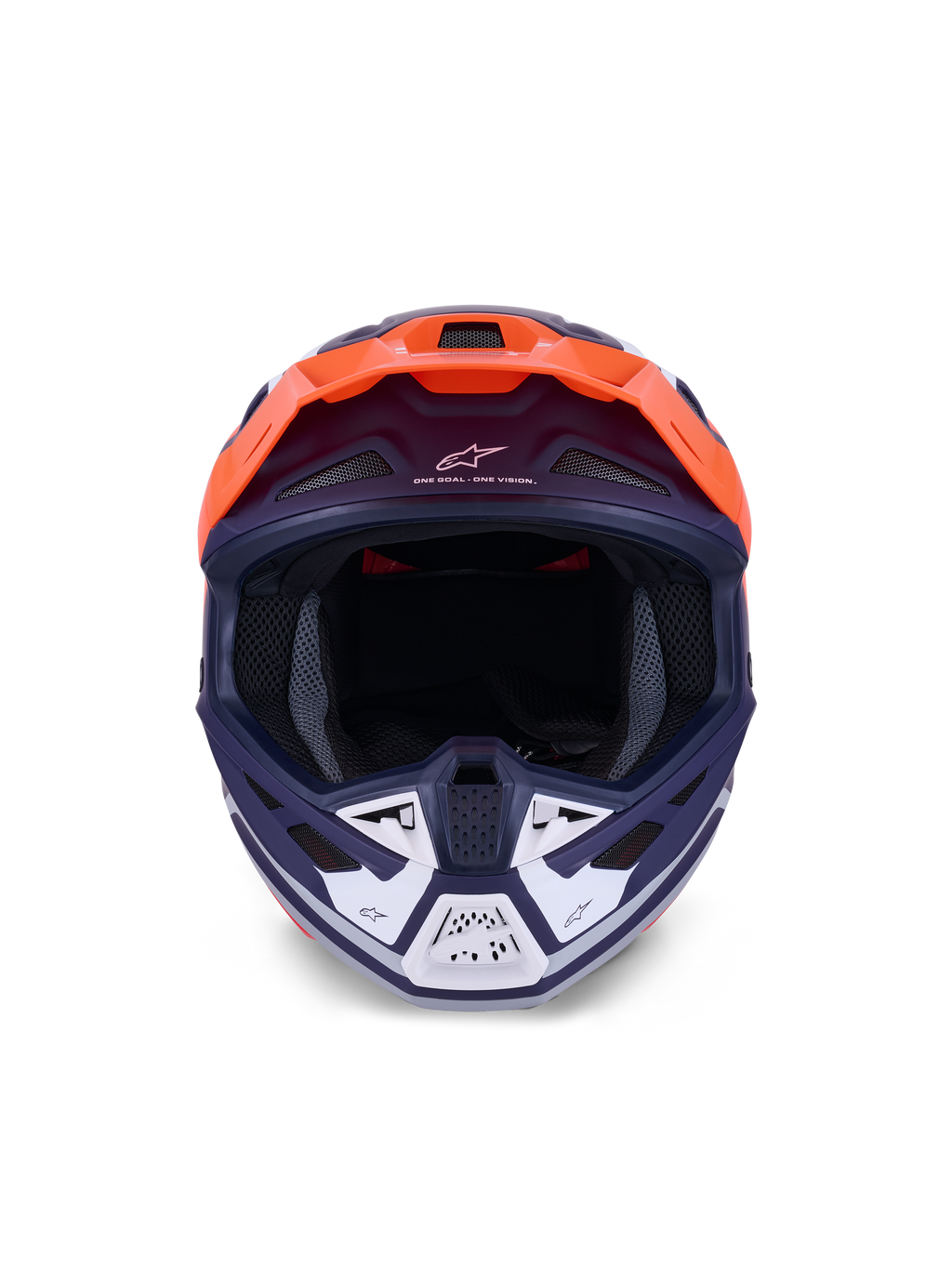 Alpinestars S-M7 Core Helm, Motocross-Helm, Orange und Blau Matt, Frontalansicht mit weißen Akzenten am Kinnschutz, mit „One Goal – One Vision“-Branding, aerodynamische Schale für Offroad-Rennsport