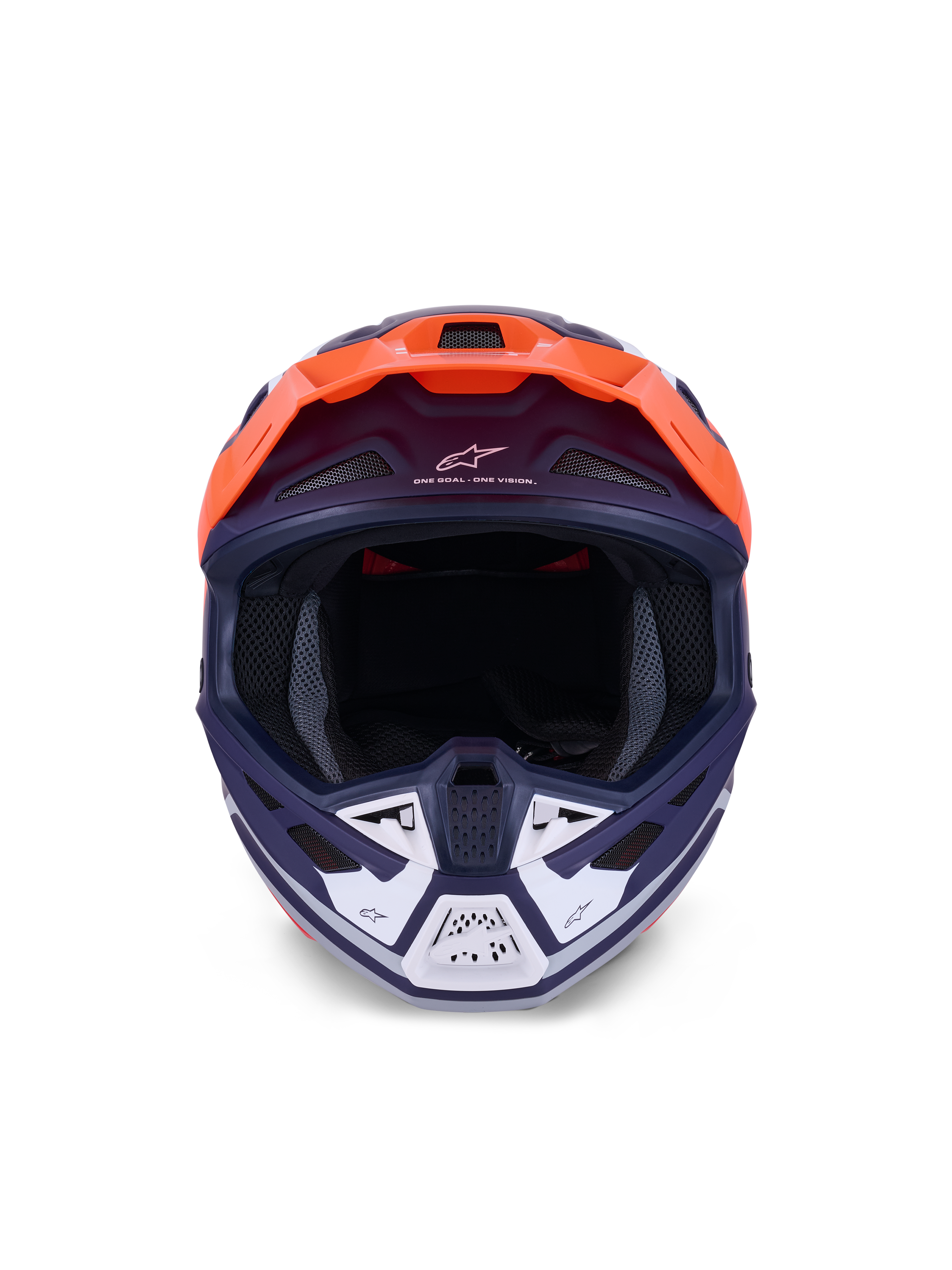 Alpinestars S-M7 Core Helm, Motocross-Helm, Orange und Blau Matt, Frontalansicht mit weißen Akzenten am Kinnschutz, mit „One Goal – One Vision“-Branding, aerodynamische Schale für Offroad-Rennsport