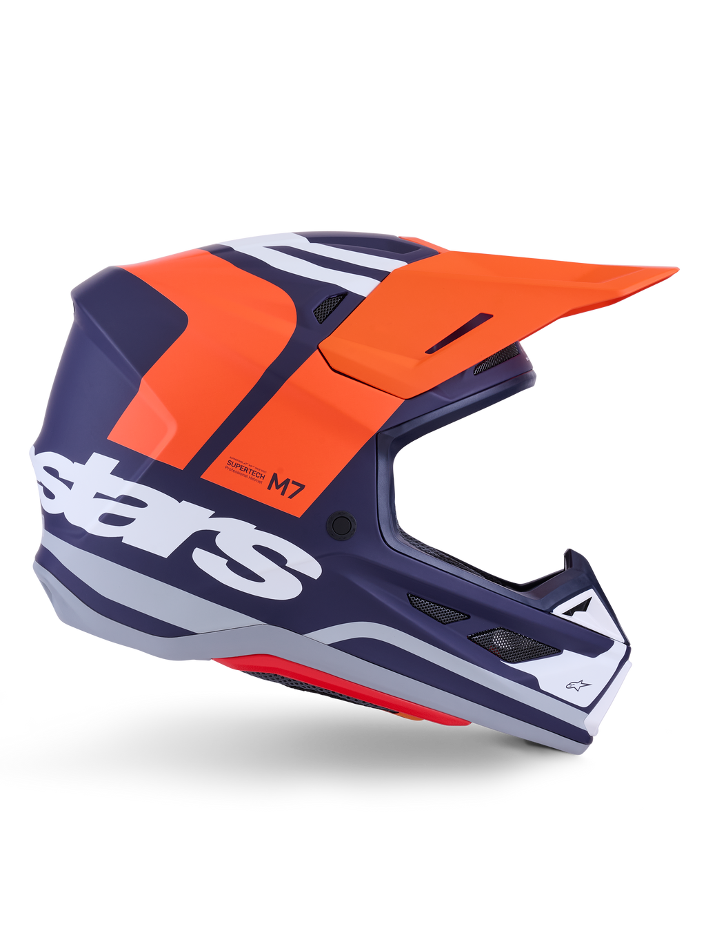 Alpinestars S-M7 Core Helm ECE 22.06, Motocross-Rennhelm, Dunkelblau Matt mit leuchtend orangefarbenen und weißen Akzenten, oranges Visier, aerodynamisches Profil mit Mesh-Belüftungsöffnungen, ECE 22.06 zertifiziert