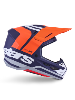 Alpinestars S-M7 Core Helm ECE 22.06, Motocross-Rennhelm, Dunkelblau Matt mit leuchtend orangefarbenen und weißen Akzenten, oranges Visier, aerodynamisches Profil mit Mesh-Belüftungsöffnungen, ECE 22.06 zertifiziert