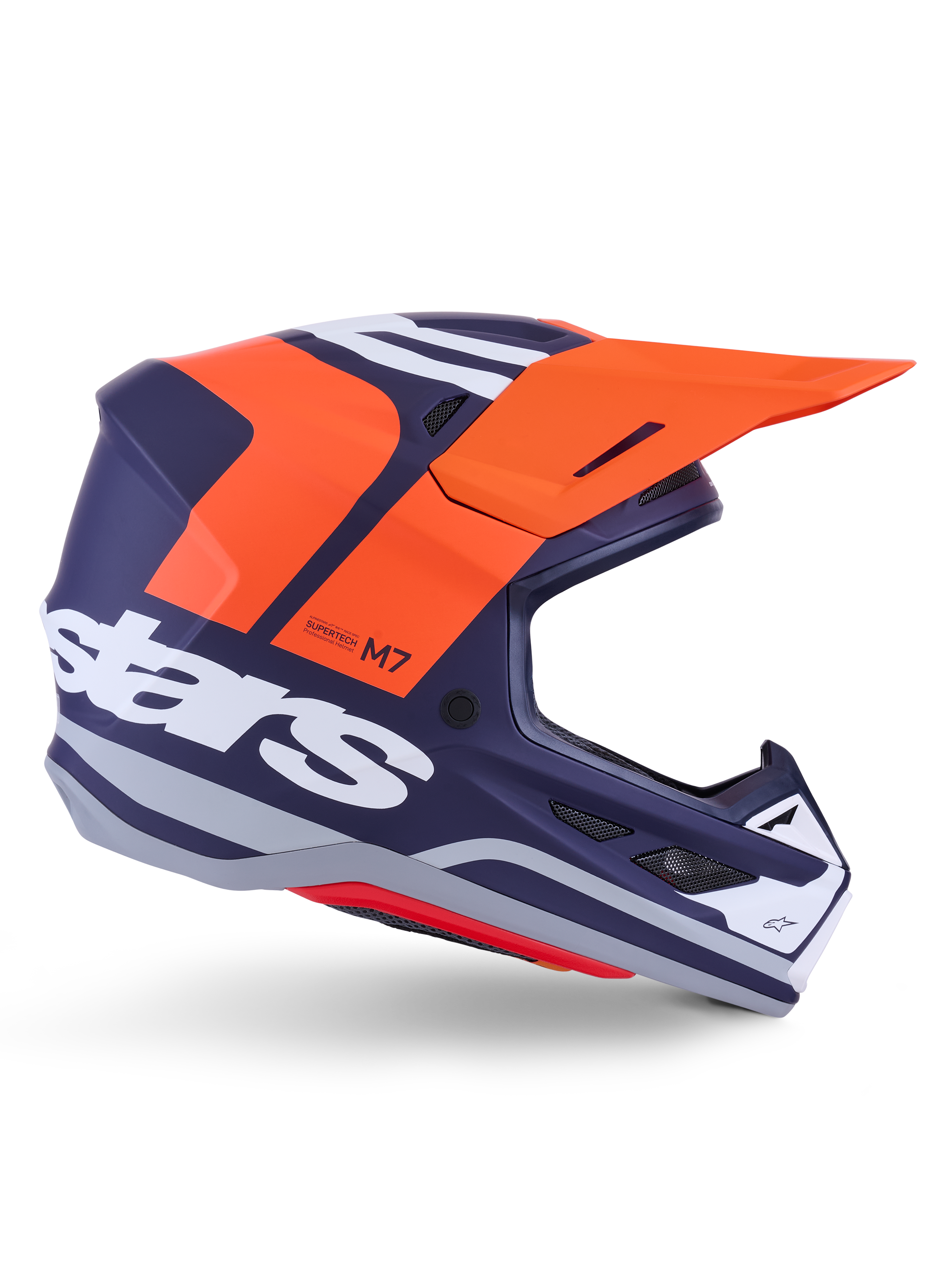 Alpinestars S-M7 Core Helm ECE 22.06, Motocross-Rennhelm, Dunkelblau Matt mit leuchtend orangefarbenen und weißen Akzenten, oranges Visier, aerodynamisches Profil mit Mesh-Belüftungsöffnungen, ECE 22.06 zertifiziert