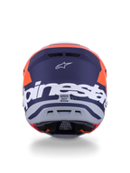 Alpinestars S-M7 Core Helm ECE 22.06, Motocross-Helm, Orange und Blau Matt, Rückansicht mit großem weißem Alpinestars-Schriftzug und Astars-Logo, schlankes aerodynamisches Design mit integrierten Belüftungsöffnungen, professioneller Offroad-Schutz