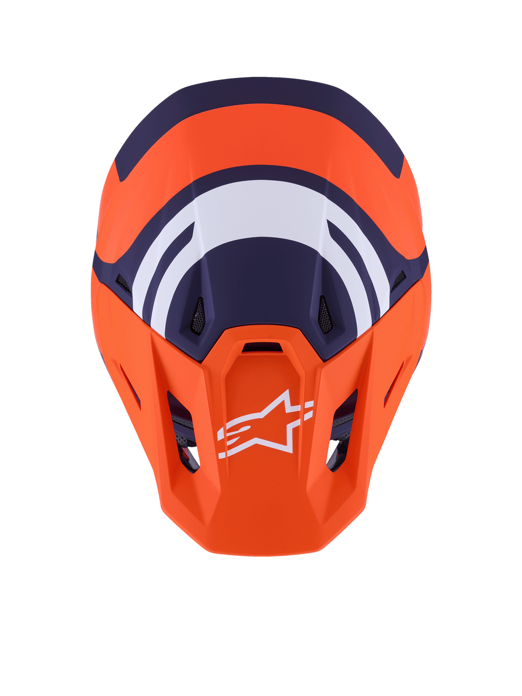 Alpinestars S-M7 Core Helm ECE 22.06, Motocross-Helm, Orange und Blau Matt, Draufsicht mit dunkelblauen und weißen geometrischen Grafiken, weißes Alpinestars-Logo auf orangefarbenem Visier, aerodynamisches Schalendesign für den Offroad-Rennsport