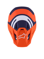 Alpinestars S-M7 Core Helm ECE 22.06, Motocross-Helm, Orange und Blau Matt, Draufsicht mit dunkelblauen und weißen geometrischen Grafiken, weißes Alpinestars-Logo auf orangefarbenem Visier, aerodynamisches Schalendesign für den Offroad-Rennsport