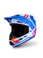 Alpinestars S-M7 Core Helm ECE06, Motocrosshelm in Blau und Weiß mit glänzenden orangefarbenen und pinken Grafiken, ECE-zertifizierter Kopfschutz für Offroad-Rennen.