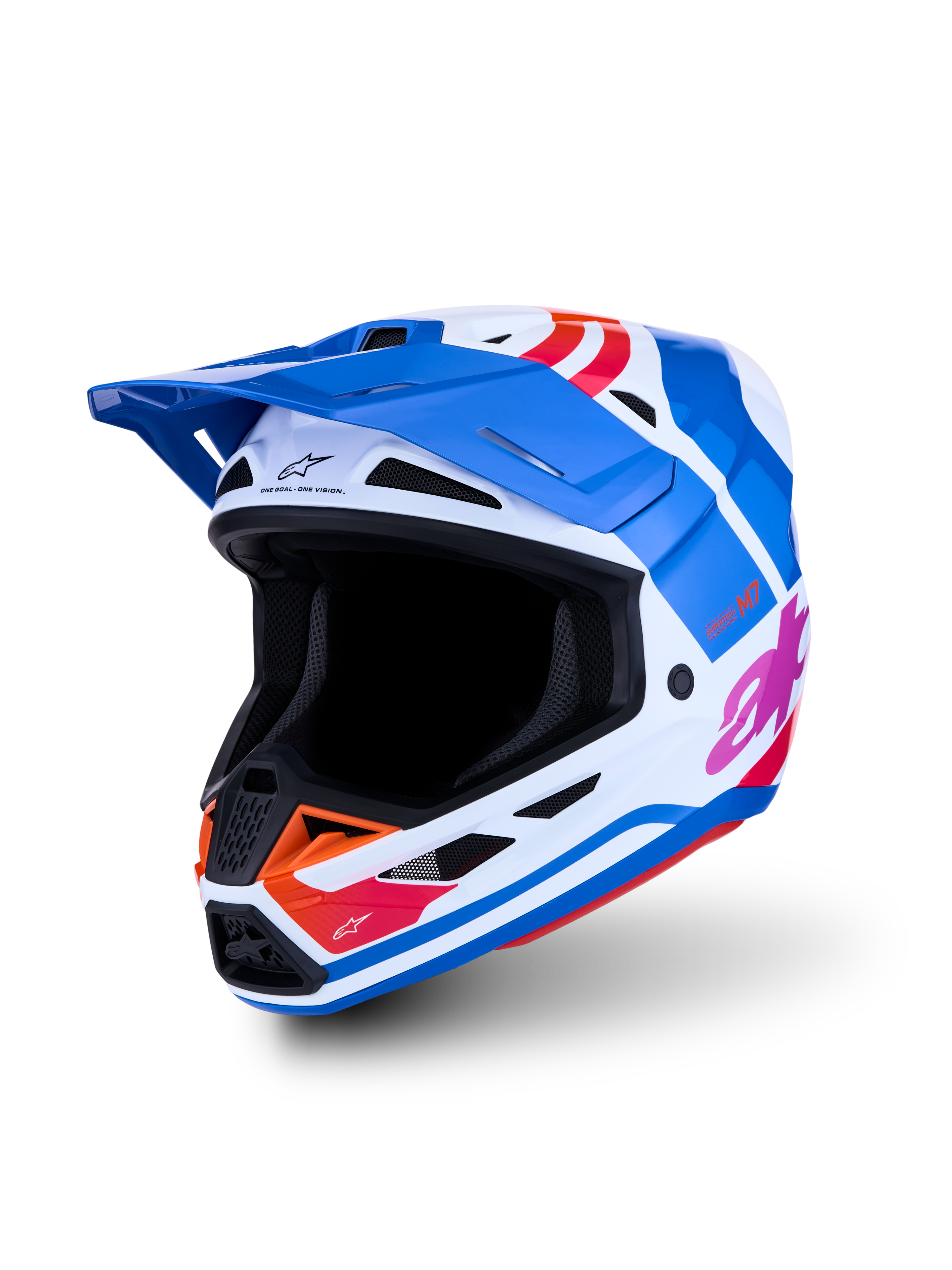 Alpinestars S-M7 Core Helm ECE06, Motocrosshelm in Blau und Weiß mit glänzenden orangefarbenen und pinken Grafiken, ECE-zertifizierter Kopfschutz für Offroad-Rennen.