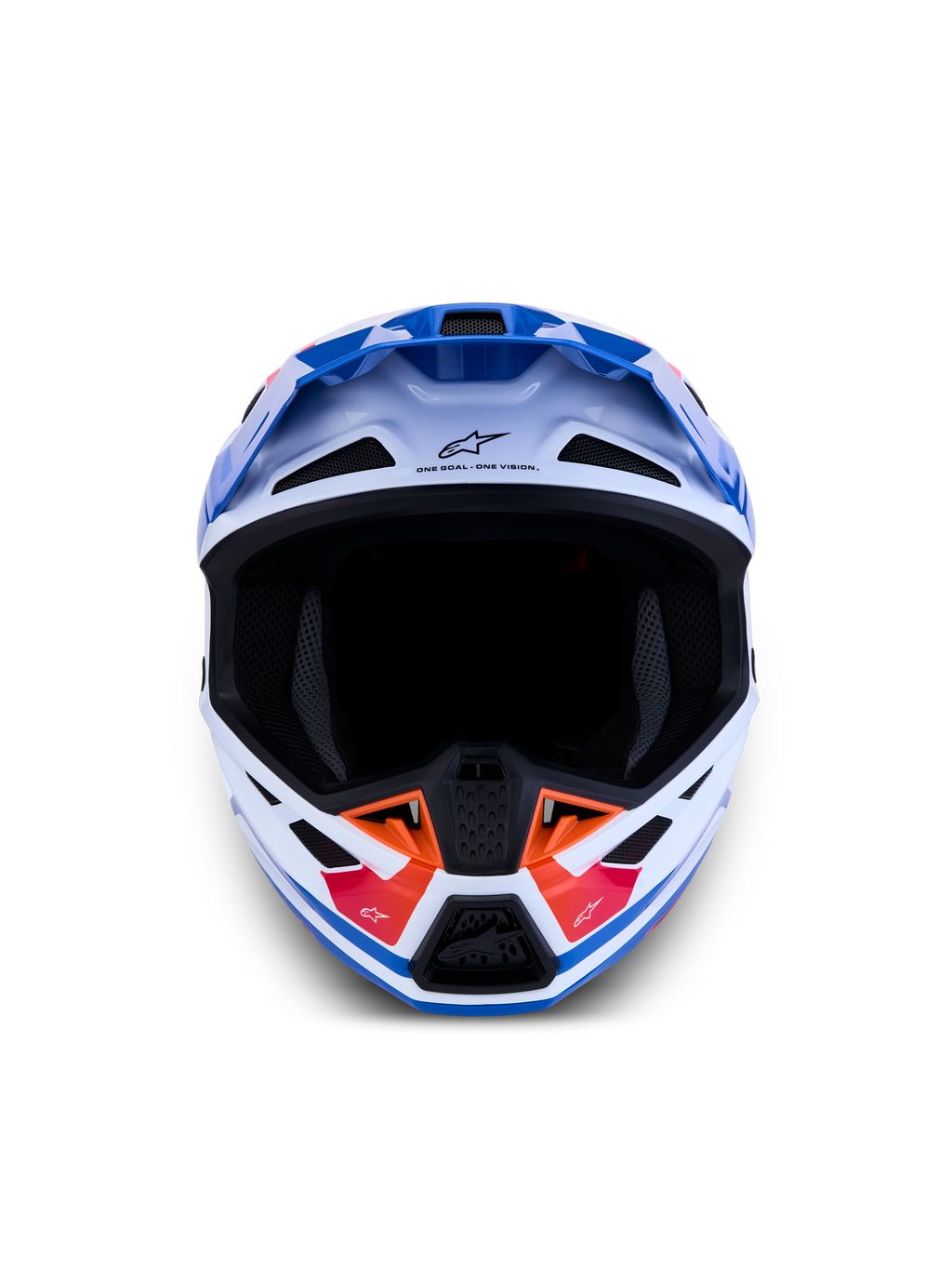 Alpinestars S-M7 Core Helm ECE06, Motocross-Helm in Weiß und Blau, Akzente in Orange, Belüftungsöffnungen, Frontansicht.