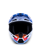 Alpinestars S-M7 Core Helm ECE06, Motocross-Helm in Weiß und Blau, Akzente in Orange, Belüftungsöffnungen, Frontansicht.