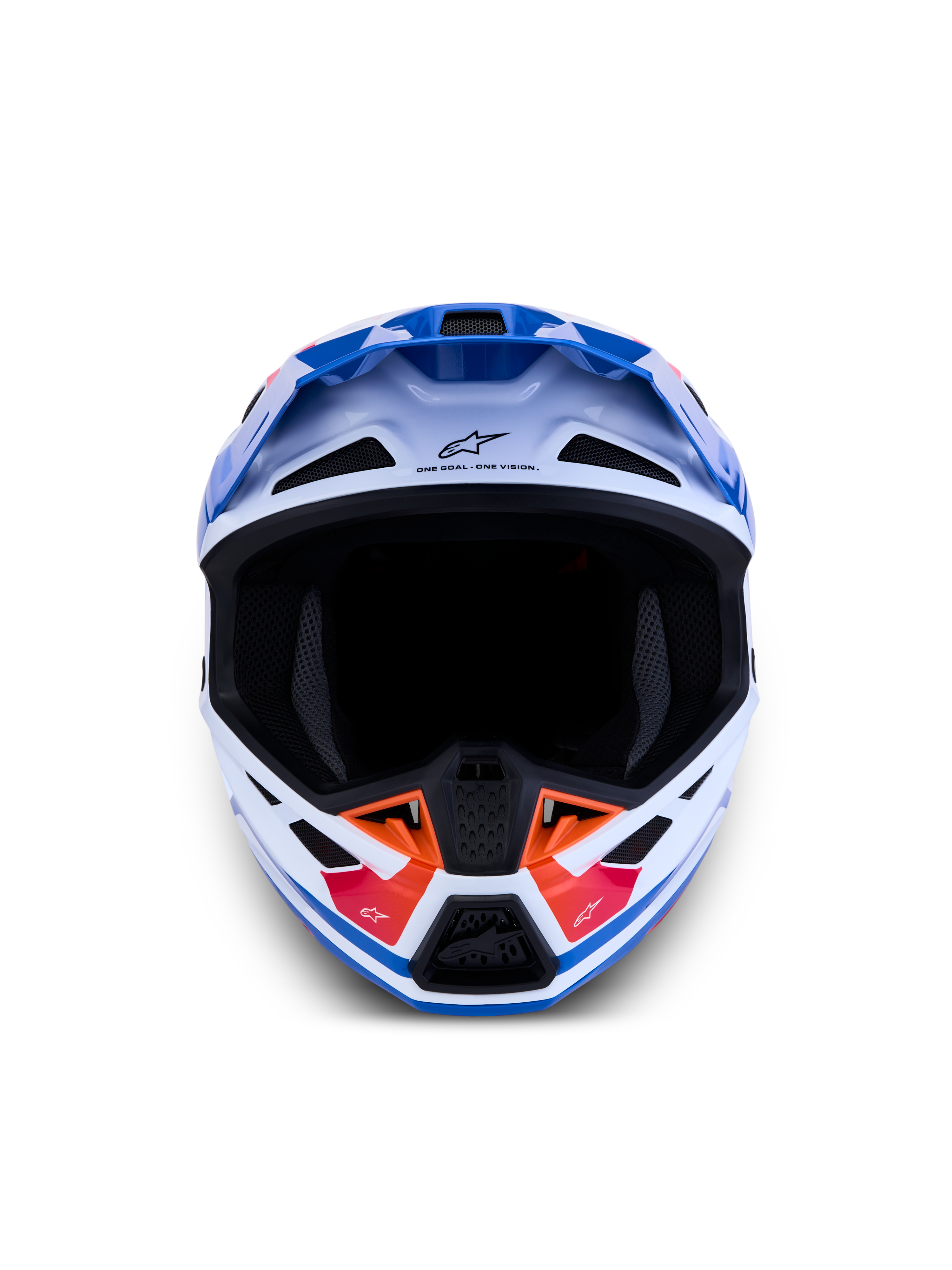 Alpinestars S-M7 Core Helm ECE06, Motocross-Helm in Weiß und Blau, Akzente in Orange, Belüftungsöffnungen, Frontansicht.