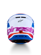 Alpinestars S-M7 Core Helm ECE06, Motocross-Helm in Weiß und Blau mit pinken und orangefarbenen Akzenten, Rückansicht, ECE 22.06-zertifiziert