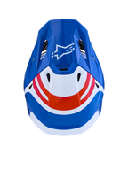 Alpinestars S-M7 Core Helm ECE06, Motocross-Helm, Blau, Weiß und Orange, Draufsicht mit Astar-Logo, ECE-zertifiziert.