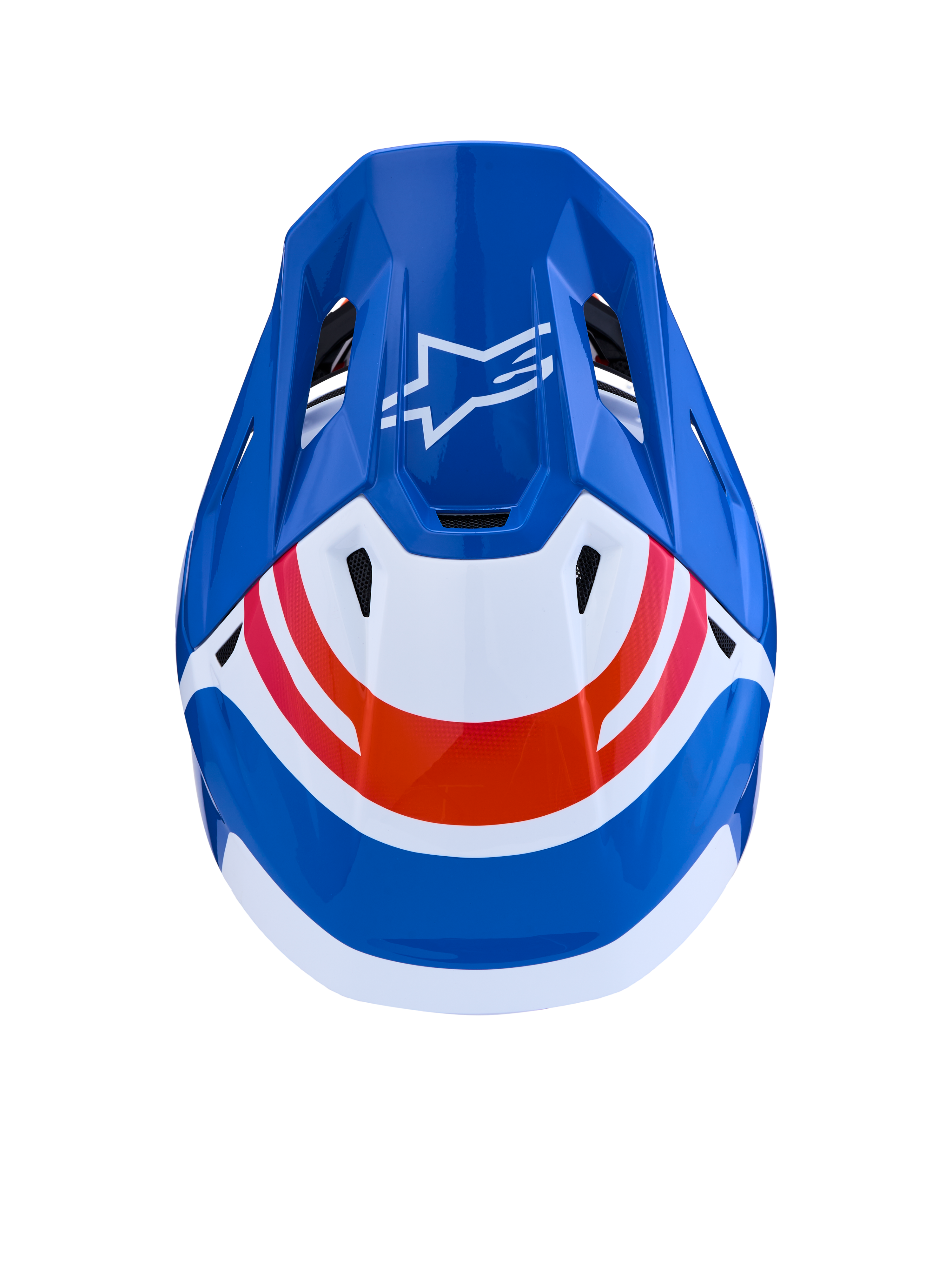 Alpinestars S-M7 Core Helm ECE06, Motocross-Helm, Blau, Weiß und Orange, Draufsicht mit Astar-Logo, ECE-zertifiziert.