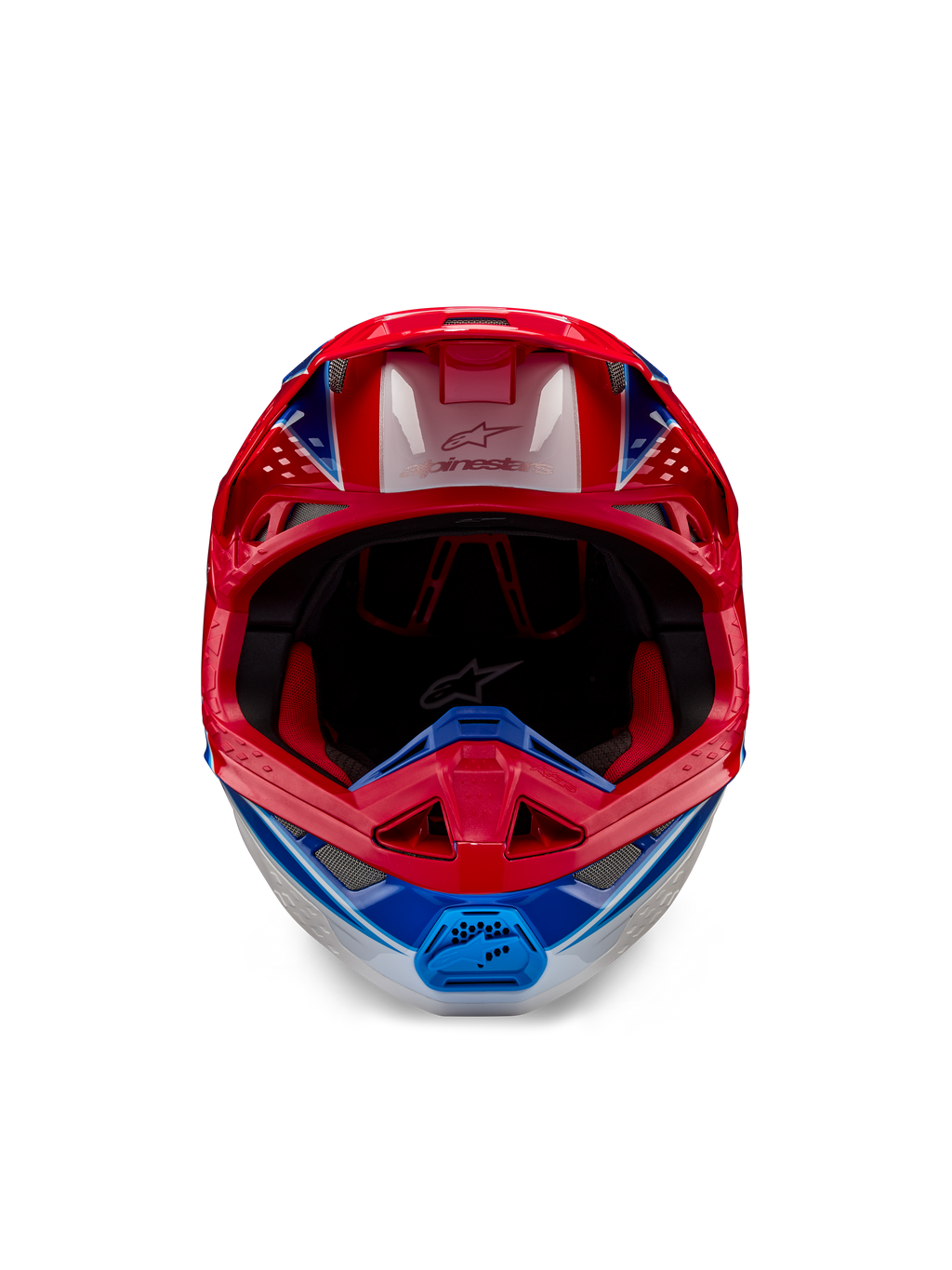 Alpinestars Supertech M10 Aeon ECE 22.06 Helm, Motocross-Helm, Hellrot Blau Glänzend, Vorderansicht mit aerodynamischer Schale, belüftetem Kinnbügel und roter Innenpolsterung, auffälliges glänzendes Finish für den Offroad-Rennsport