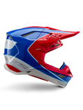 Alpinestars Supertech M10 Aeon Helm, Motocross-Rennhelm, Hellrot, Blau und Weiß, glänzende Oberfläche, aerodynamisches Seitenprofil mit mehreren netzabgedeckten Belüftungsöffnungen, markanten Konturen und Helmschild
