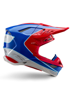 Alpinestars Supertech M10 Aeon Helm, Motocross-Rennhelm, Hellrot, Blau und Weiß, glänzende Oberfläche, aerodynamisches Seitenprofil mit mehreren netzabgedeckten Belüftungsöffnungen, markanten Konturen und Helmschild