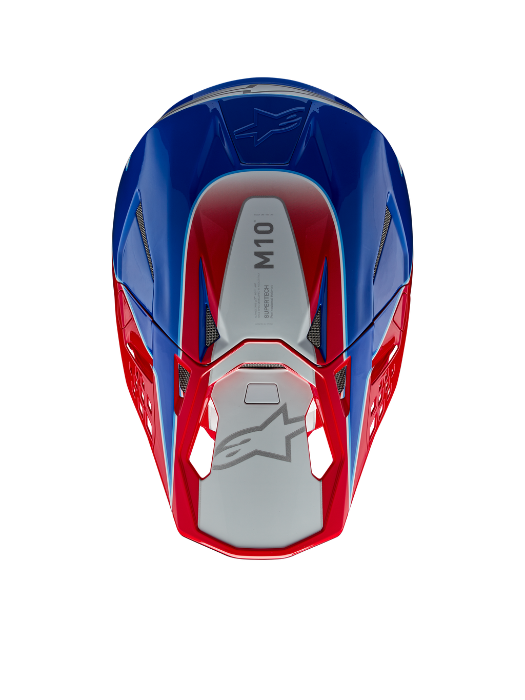 Alpinestars Supertech M10 Aeon Helm, Motocross-Helm, Hellrot und Blau glänzend, Draufsicht mit silbernem Mittelteil und M10-Branding, aerodynamische Schale mit roten und blauen Akzenten, Mesh-Belüftungsöffnungen, Hochleistungs-Kopfschutz für Motocross