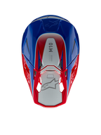 Alpinestars Supertech M10 Aeon Helm, Motocross-Helm, Hellrot und Blau glänzend, Draufsicht mit silbernem Mittelteil und M10-Branding, aerodynamische Schale mit roten und blauen Akzenten, Mesh-Belüftungsöffnungen, Hochleistungs-Kopfschutz für Motocross