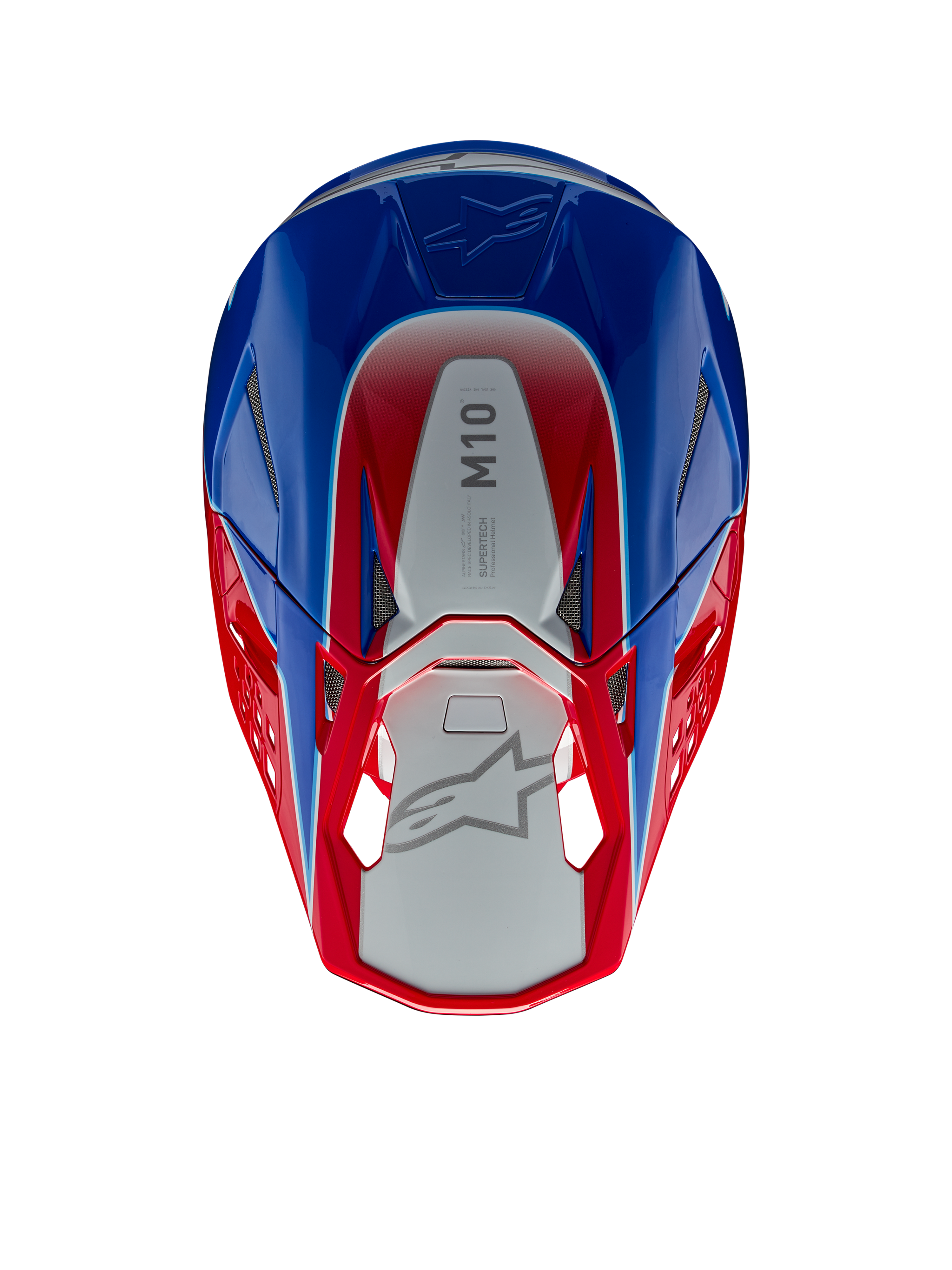 Alpinestars Supertech M10 Aeon Helm, Motocross-Helm, Hellrot und Blau glänzend, Draufsicht mit silbernem Mittelteil und M10-Branding, aerodynamische Schale mit roten und blauen Akzenten, Mesh-Belüftungsöffnungen, Hochleistungs-Kopfschutz für Motocross
