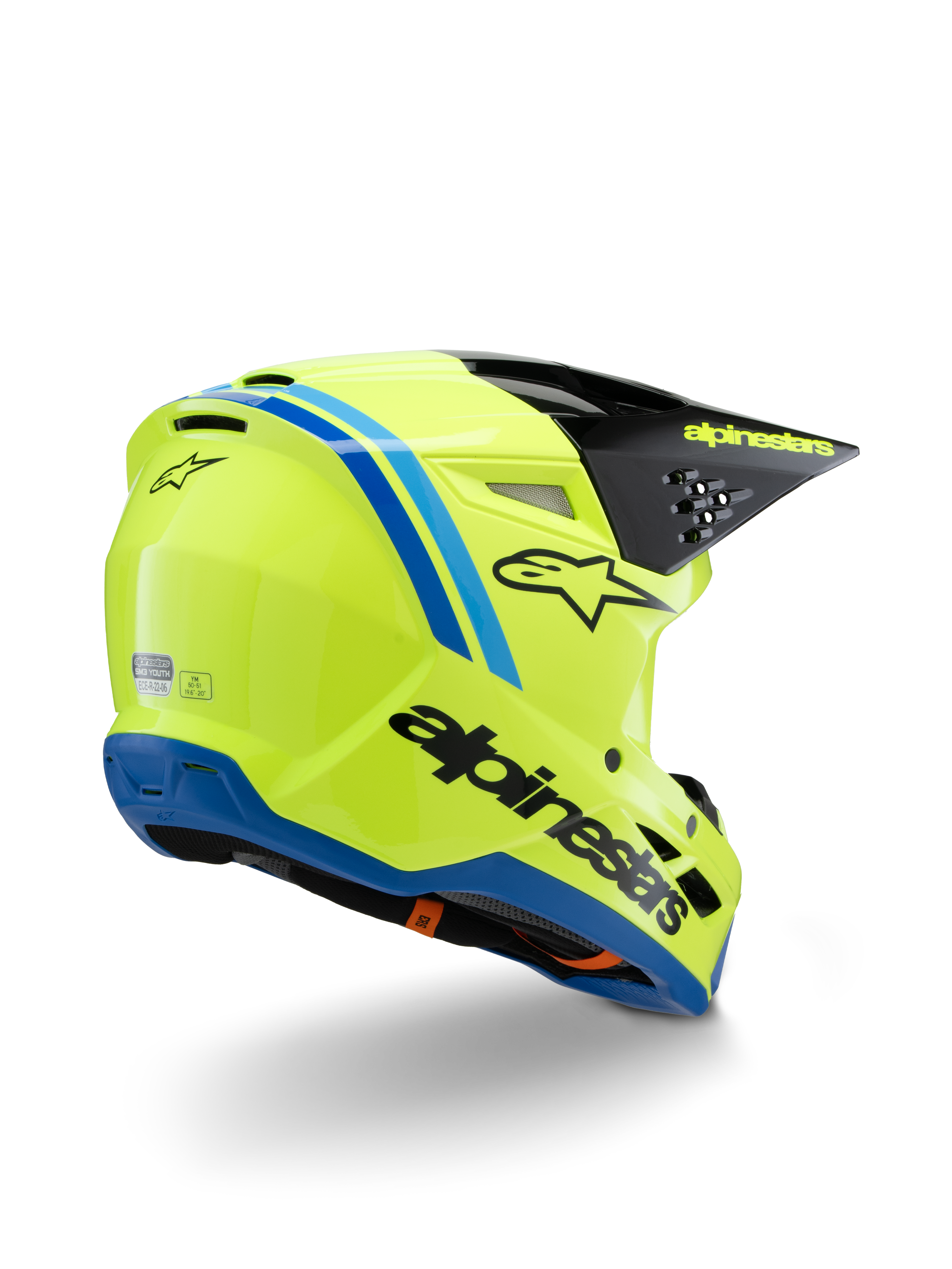Alpinestars S-M3 Youth Radium Helm ECE 22.06, Motocross-Helm, Neongelb mit schwarzen und blauen Akzenten, Dreiviertelansicht von hinten zeigt schwarzes Visier mit gelbem Branding und blauer Randleiste