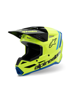 Alpinestars S-M3 Youth Radium Helm, Motocross-Helm, Fluorgelb, Schwarz und Blau, mit schwarzem Visier, markantem Alpinestars-Logo an der Seite, blauen Akzenten, Hochleistungs-Schutzausrüstung für jugendliche Fahrer