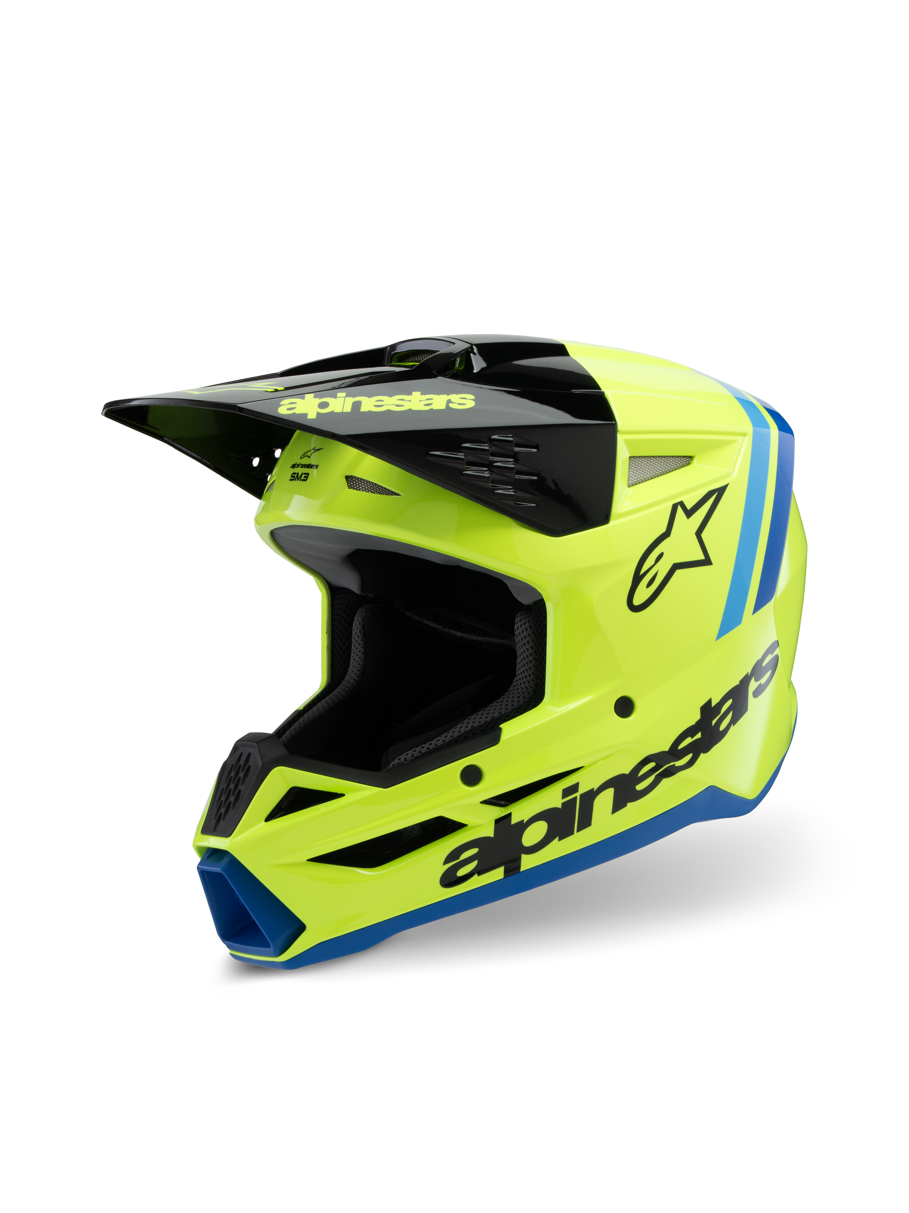 Alpinestars S-M3 Youth Radium Helm, Motocross-Helm, Fluorgelb, Schwarz und Blau, mit schwarzem Visier, markantem Alpinestars-Logo an der Seite, blauen Akzenten, Hochleistungs-Schutzausrüstung für jugendliche Fahrer
