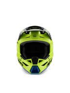 Alpinestars S-M3 Jugend Radium Helm, Motocross-Helm, Gelb Fluo, Schwarz und Blau, Vorderansicht mit schwarzem Visier und blauer Kinnbelüftung, markantes Alpinestars-Branding, schlankes aerodynamisches Profil für Jugend-Offroad-Rennsport