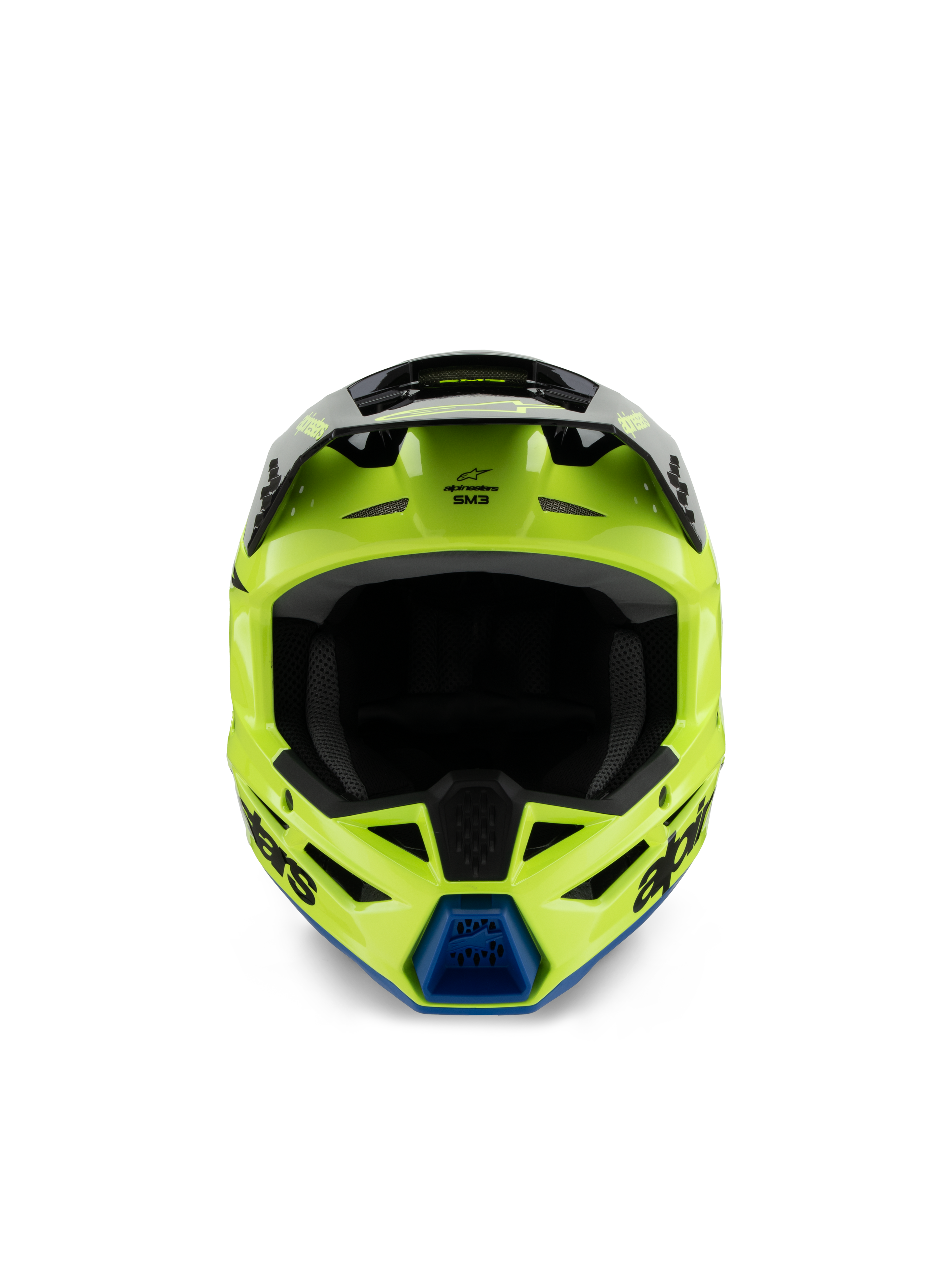 Alpinestars S-M3 Jugend Radium Helm, Motocross-Helm, Gelb Fluo, Schwarz und Blau, Vorderansicht mit schwarzem Visier und blauer Kinnbelüftung, markantes Alpinestars-Branding, schlankes aerodynamisches Profil für Jugend-Offroad-Rennsport