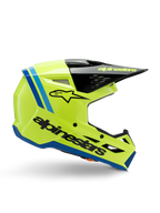 Alpinestars S-M3 Youth Radium Helm, Jugend-Motocross-Helm, leuchtendes Neongelb mit schwarzen und blauen Akzenten, Seitenansicht mit aerodynamischem Design, schwarzer Helmschirm mit gelbem Logo, markantes schwarzes Branding an der Seite, ECE 22.06 zertifizierter Schutz für den Offroad-Rennsport