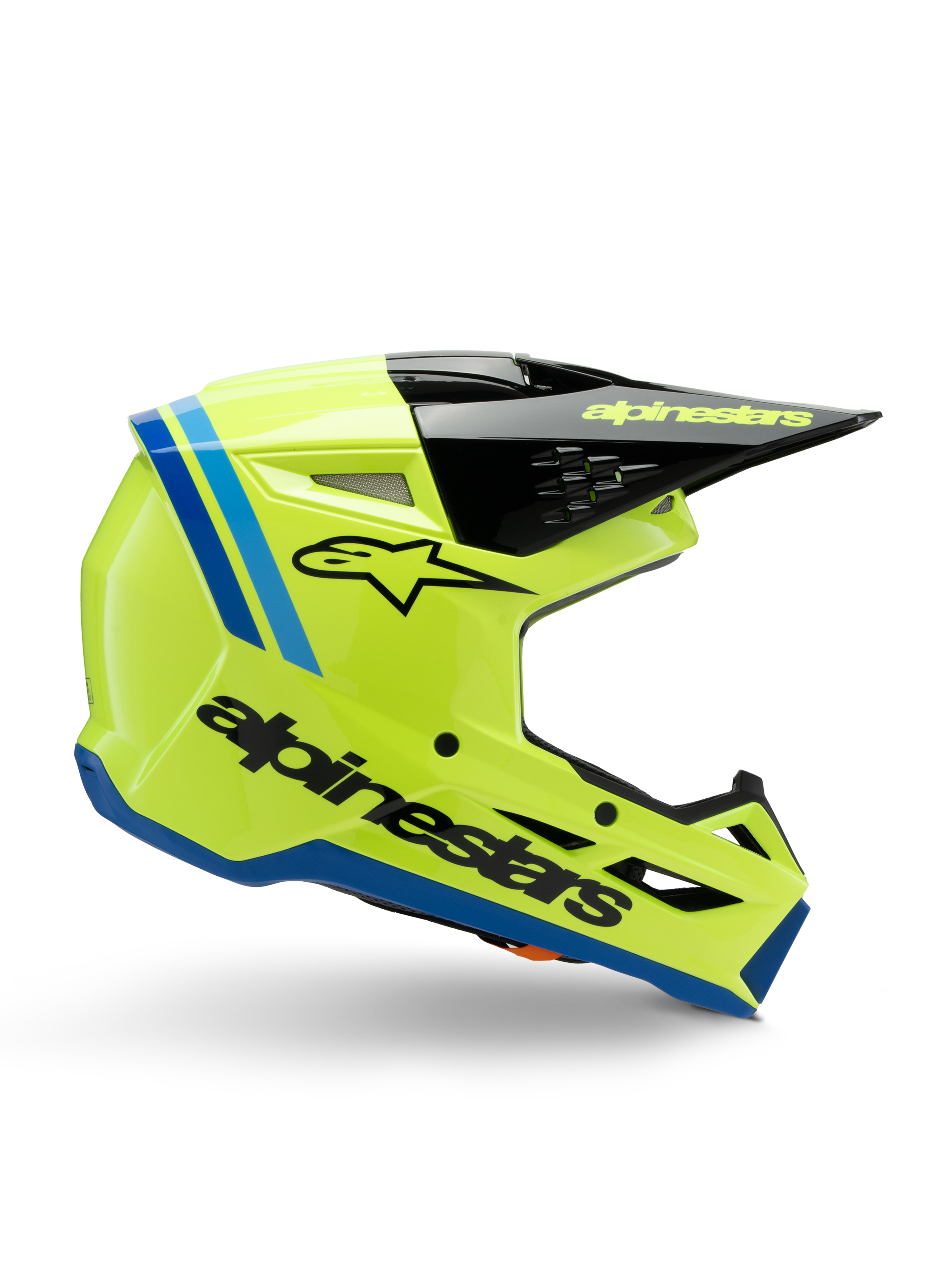 Alpinestars S-M3 Youth Radium Helm, Jugend-Motocross-Helm, leuchtendes Neongelb mit schwarzen und blauen Akzenten, Seitenansicht mit aerodynamischem Design, schwarzer Helmschirm mit gelbem Logo, markantes schwarzes Branding an der Seite, ECE 22.06 zertifizierter Schutz für den Offroad-Rennsport