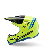 Alpinestars S-M3 Jugend Radium Helm, Motocross-Helm, leuchtendes fluoreszierendes Gelb mit blauen und schwarzen Akzenten, markantes Alpinestars-Branding, schlankes aerodynamisches Profil für den Jugend-Offroad-Rennsport