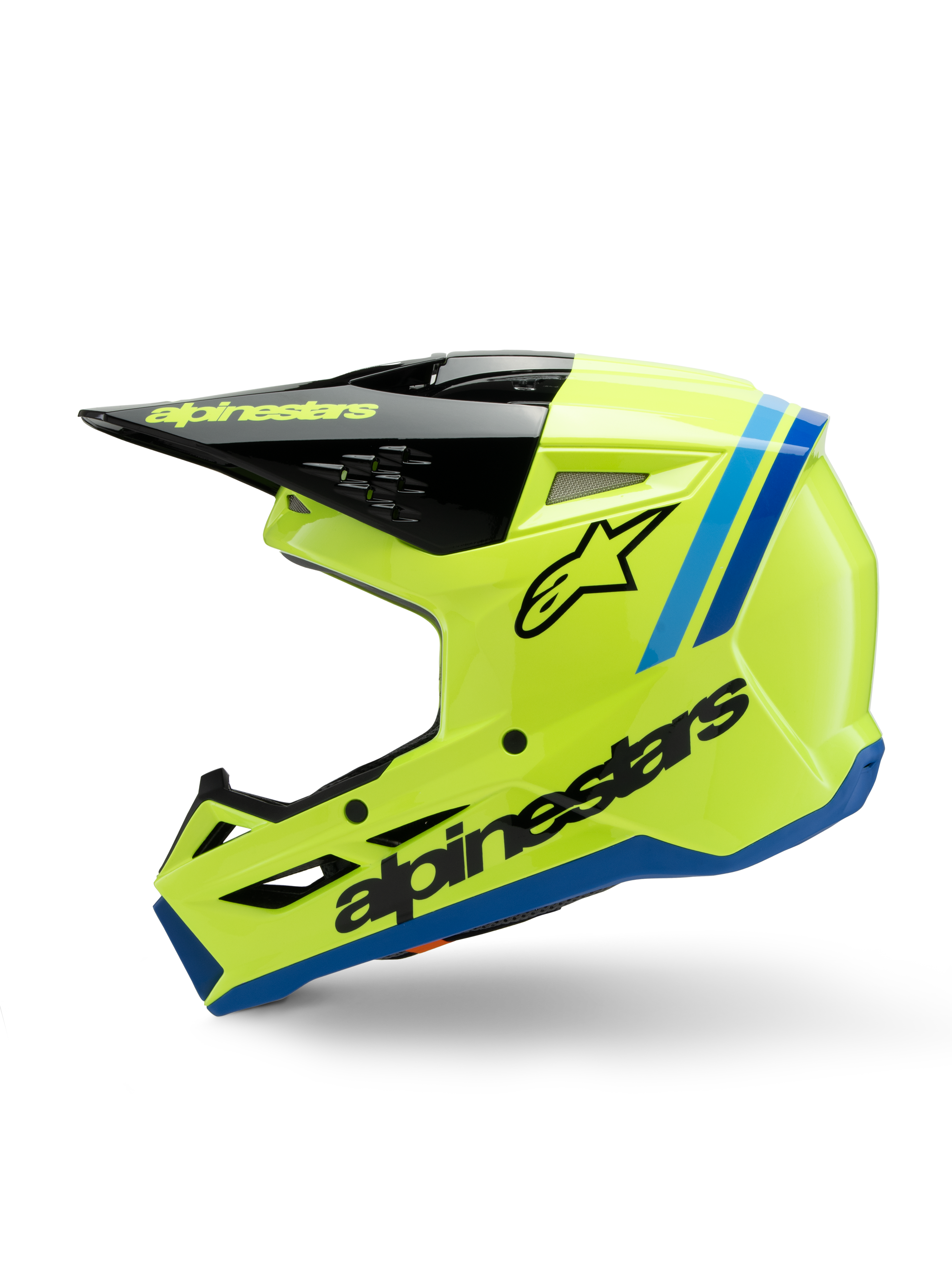 Alpinestars S-M3 Jugend Radium Helm, Motocross-Helm, leuchtendes fluoreszierendes Gelb mit blauen und schwarzen Akzenten, markantes Alpinestars-Branding, schlankes aerodynamisches Profil für den Jugend-Offroad-Rennsport