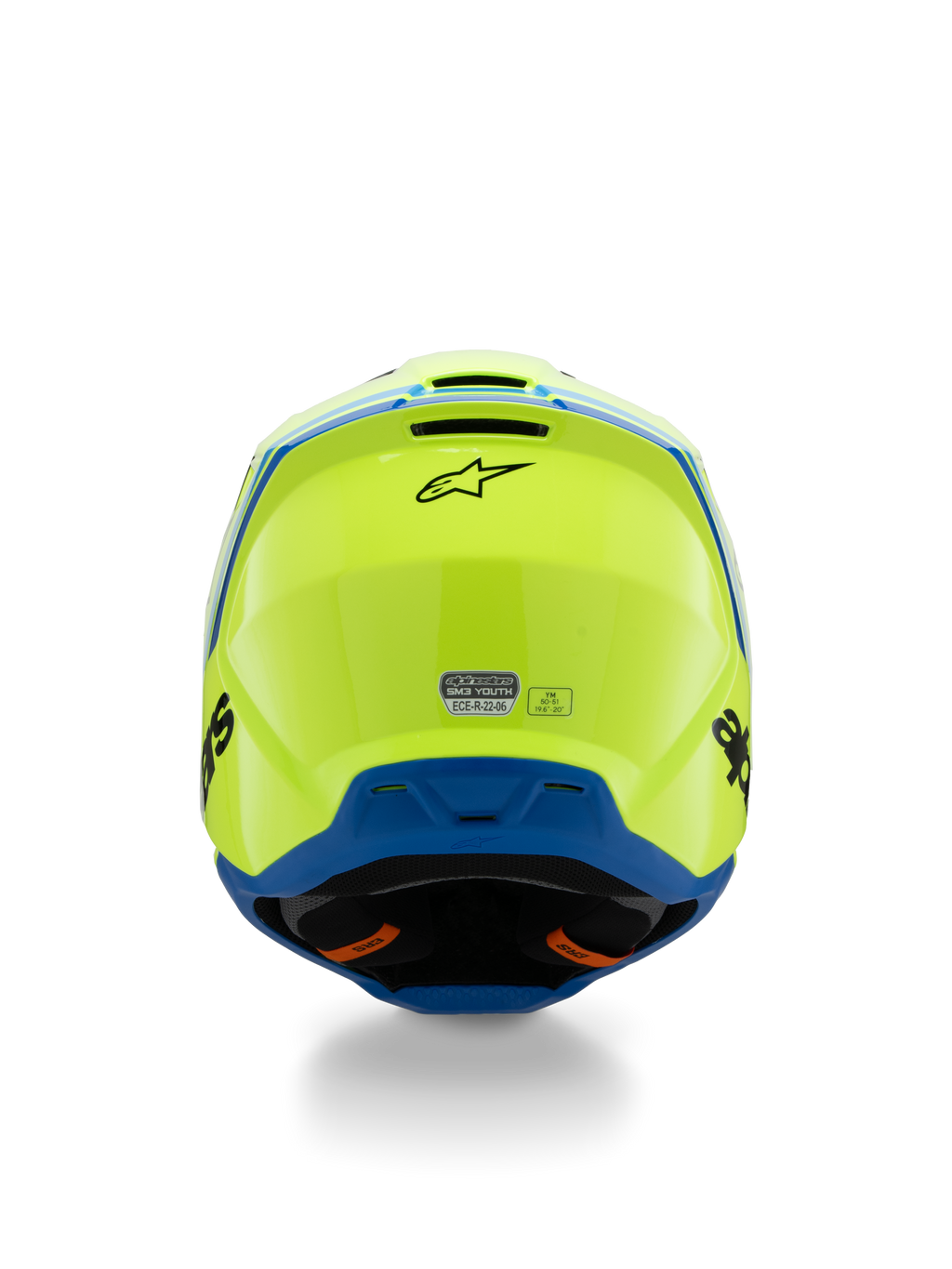 Alpinestars S-M3 Youth Radium Helm ECE 22.06, Motocross-Helm, Gelb Fluo und Blau, Rückansicht mit schwarzem Alpinestars-Logo und ECE-Zertifizierungsaufkleber, aerodynamisches Schalendesign für Jugend-Offroad-Rennsport