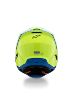 Alpinestars S-M3 Youth Radium Helm ECE 22.06, Motocross-Helm, Gelb Fluo und Blau, Rückansicht mit schwarzem Alpinestars-Logo und ECE-Zertifizierungsaufkleber, aerodynamisches Schalendesign für Jugend-Offroad-Rennsport