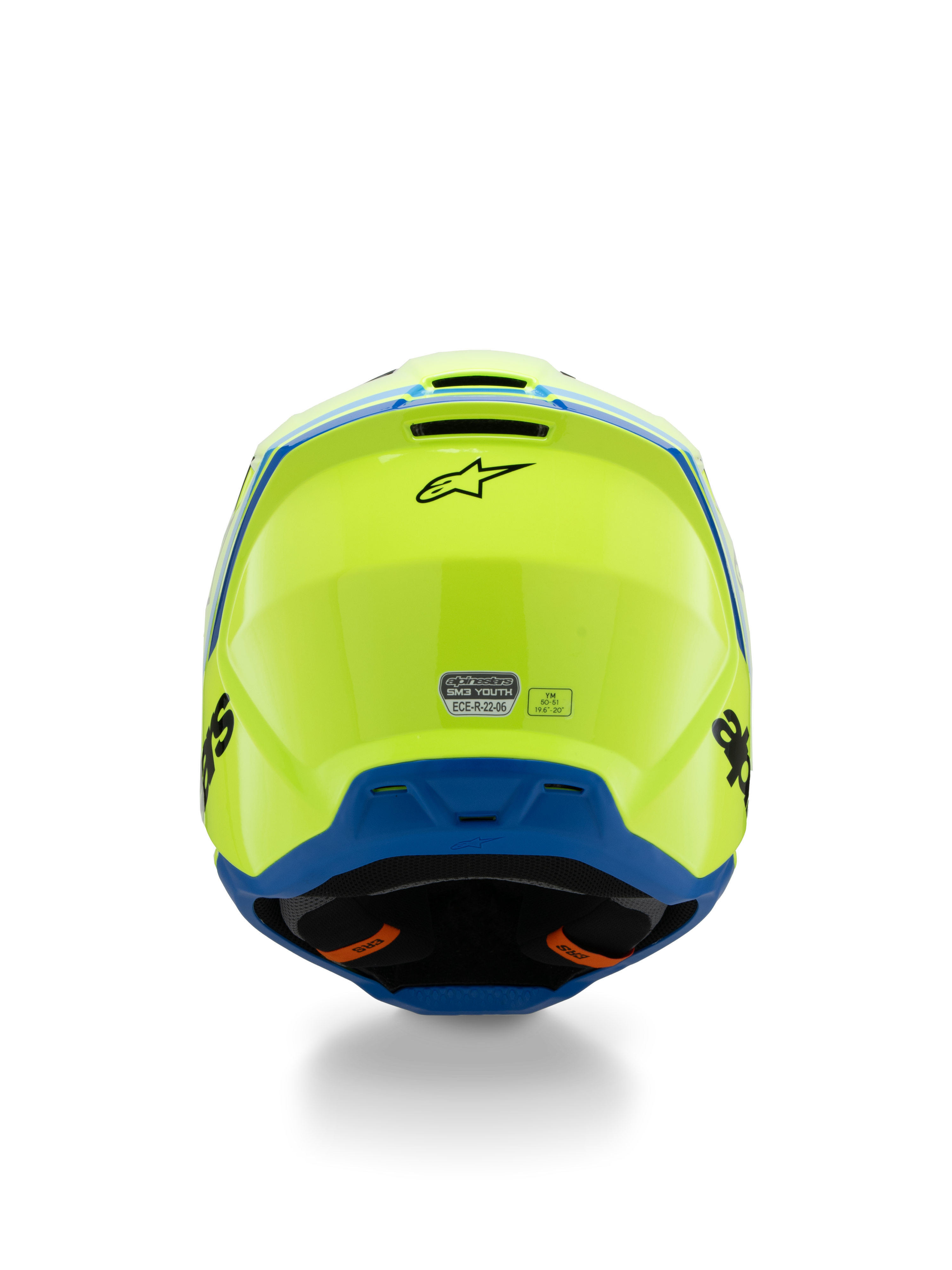 Alpinestars S-M3 Youth Radium Helm ECE 22.06, Motocross-Helm, Gelb Fluo und Blau, Rückansicht mit schwarzem Alpinestars-Logo und ECE-Zertifizierungsaufkleber, aerodynamisches Schalendesign für Jugend-Offroad-Rennsport
