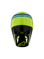 Alpinestars S-M3 Youth Radium Helm ECE 22.06, Motocross-Helm, Gelb Fluo, Schwarz und Blau, Draufsicht mit aerodynamischer Schale, SM3-Branding auf dem schwarzen Visier und markanten Alpinestars-Logos