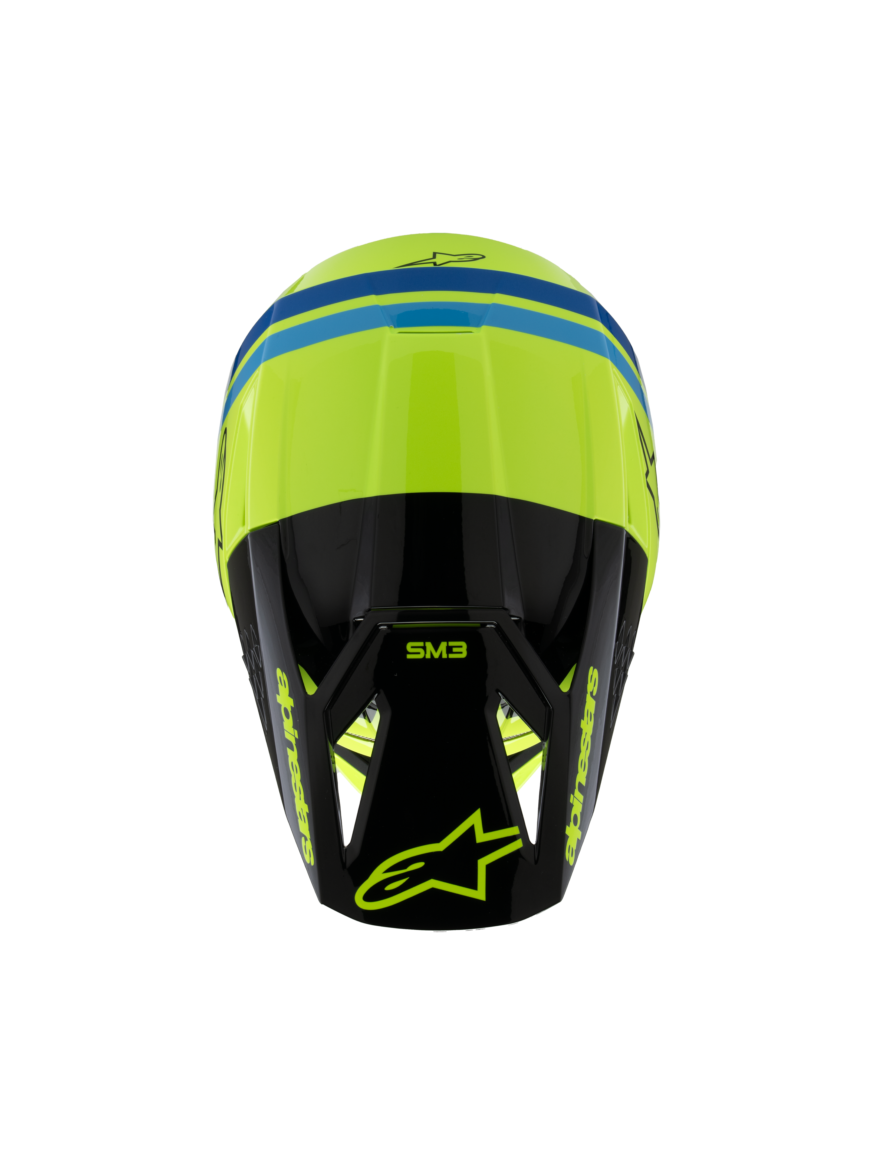 Alpinestars S-M3 Youth Radium Helm ECE 22.06, Motocross-Helm, Gelb Fluo, Schwarz und Blau, Draufsicht mit aerodynamischer Schale, SM3-Branding auf dem schwarzen Visier und markanten Alpinestars-Logos