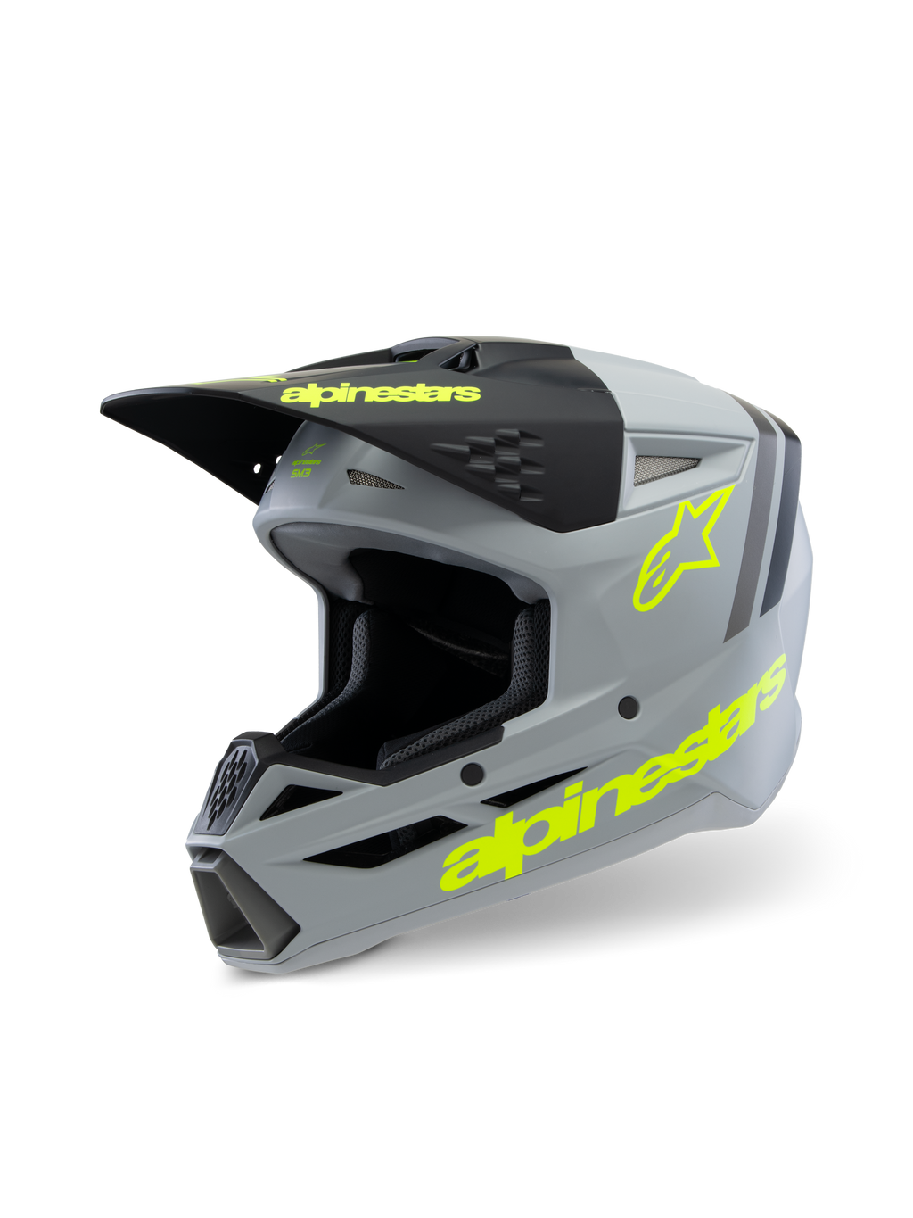 Alpinestars S-M3 Youth Radium Helmet ECE 22.06, Motocross Helmet, Matte Gray and Black with Fluorescent Yellow accents, featuring bold Alpinestars branding and star logo, youth off-road protective gear