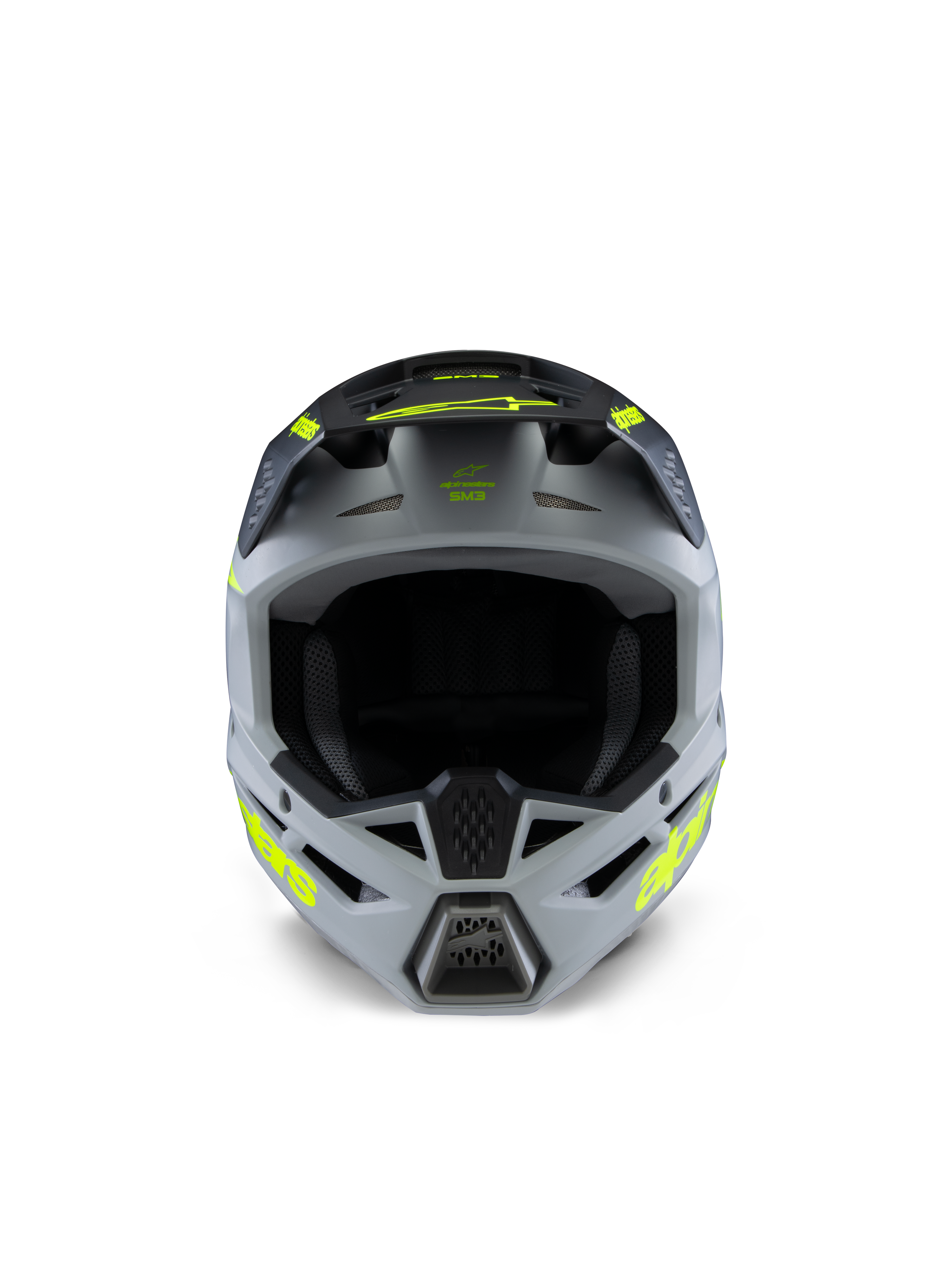 Alpinestars S-M3 Youth Radium Helmet, Motocross Helmet, Gray Black and Yellow Fluo Matte, front view featuring an aggressive angular shell, vibrant yellow logos on the sides and peak, matte finish designed for youth off-road and MX racing.