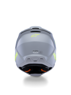Alpinestars S-M3 Youth Radium Helmet ECE 22.06, Gray Black and Yellow Fluo Matte, rear view showing ventilation ports and certification labels, fluorescent yellow star logo, aerodynamic shell design for motocross and off-road racing